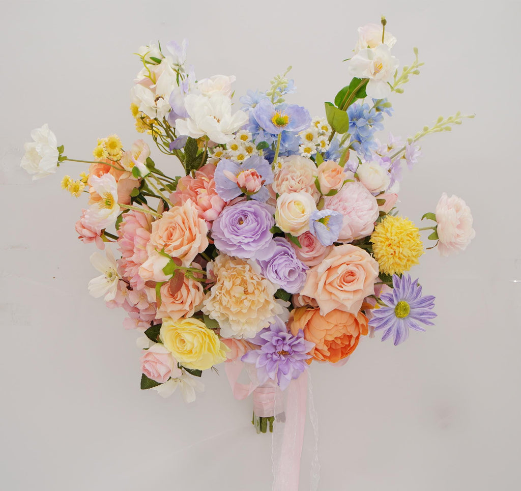 Bridal Bouquet with Mixed Garden Flowers Faux Wedding Bouquet in Pastel Peach, Lavender & Yellow