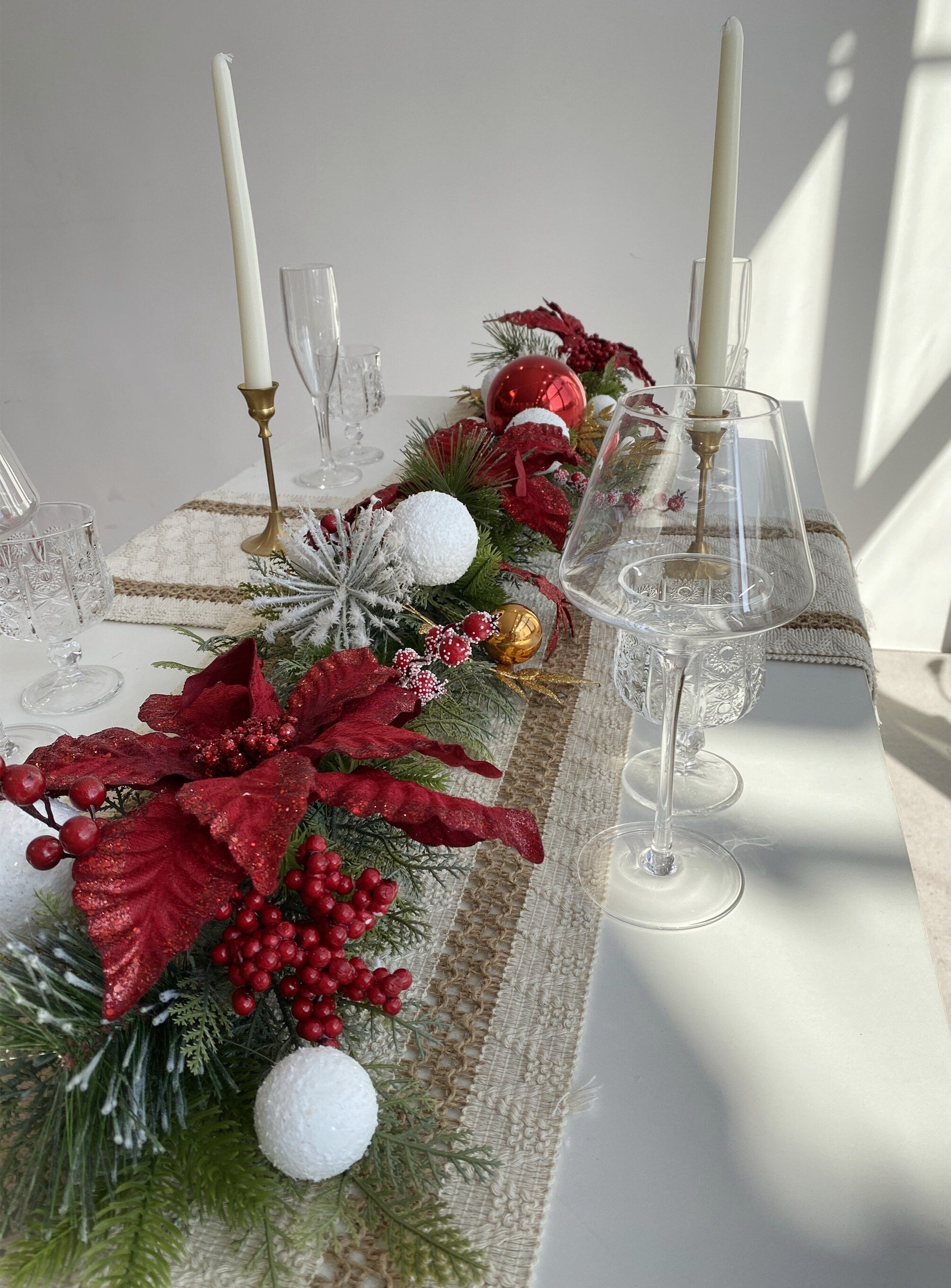 4.5FT Snow Kissed Christmas Garland and Matching Wreath with Red Poinsettias,Holly Berries and Snow Balls