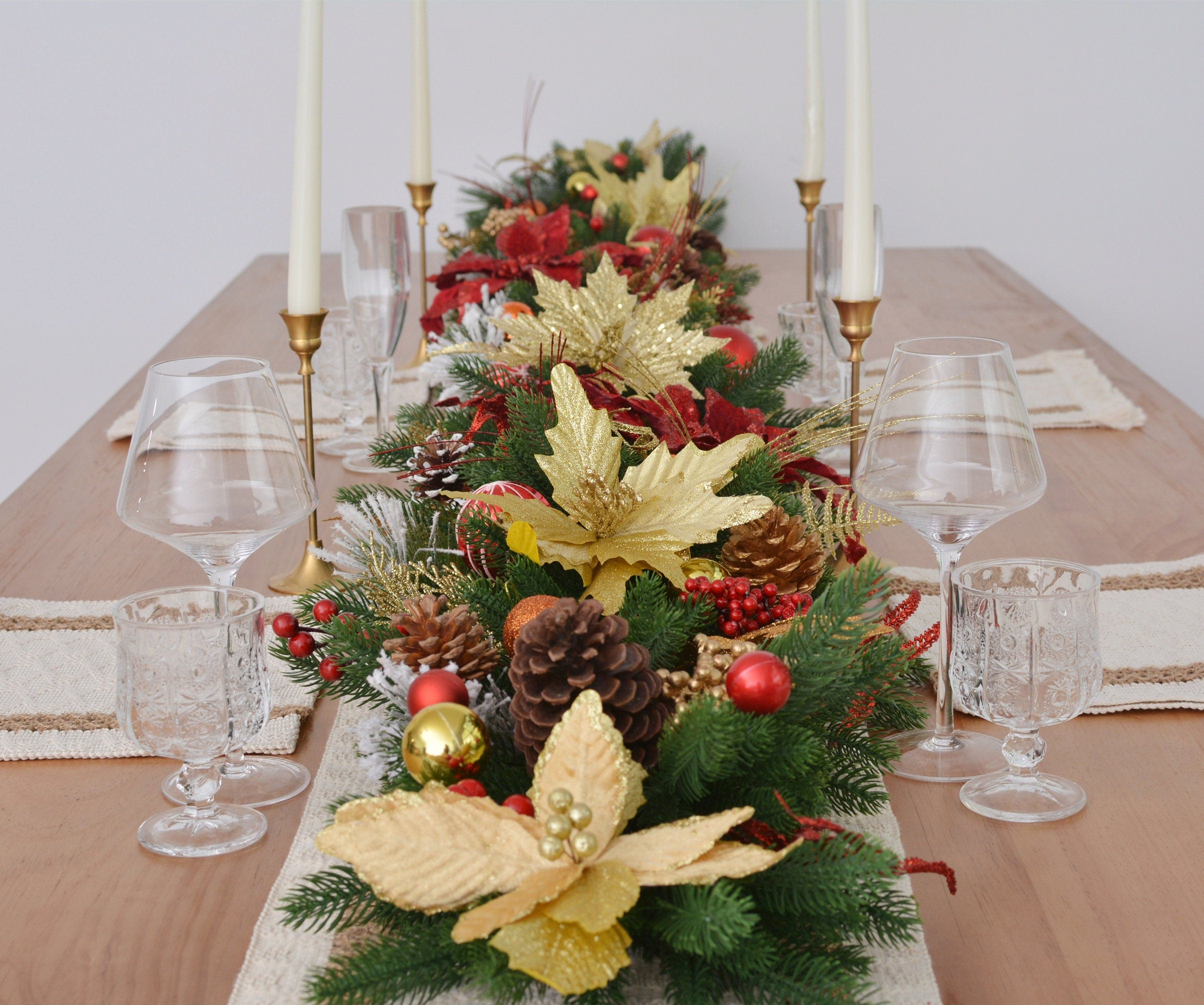 9FT Christmas Garland with Gold Poinsettias, Holly Berries, Pinecones, and Greenery,Customizable