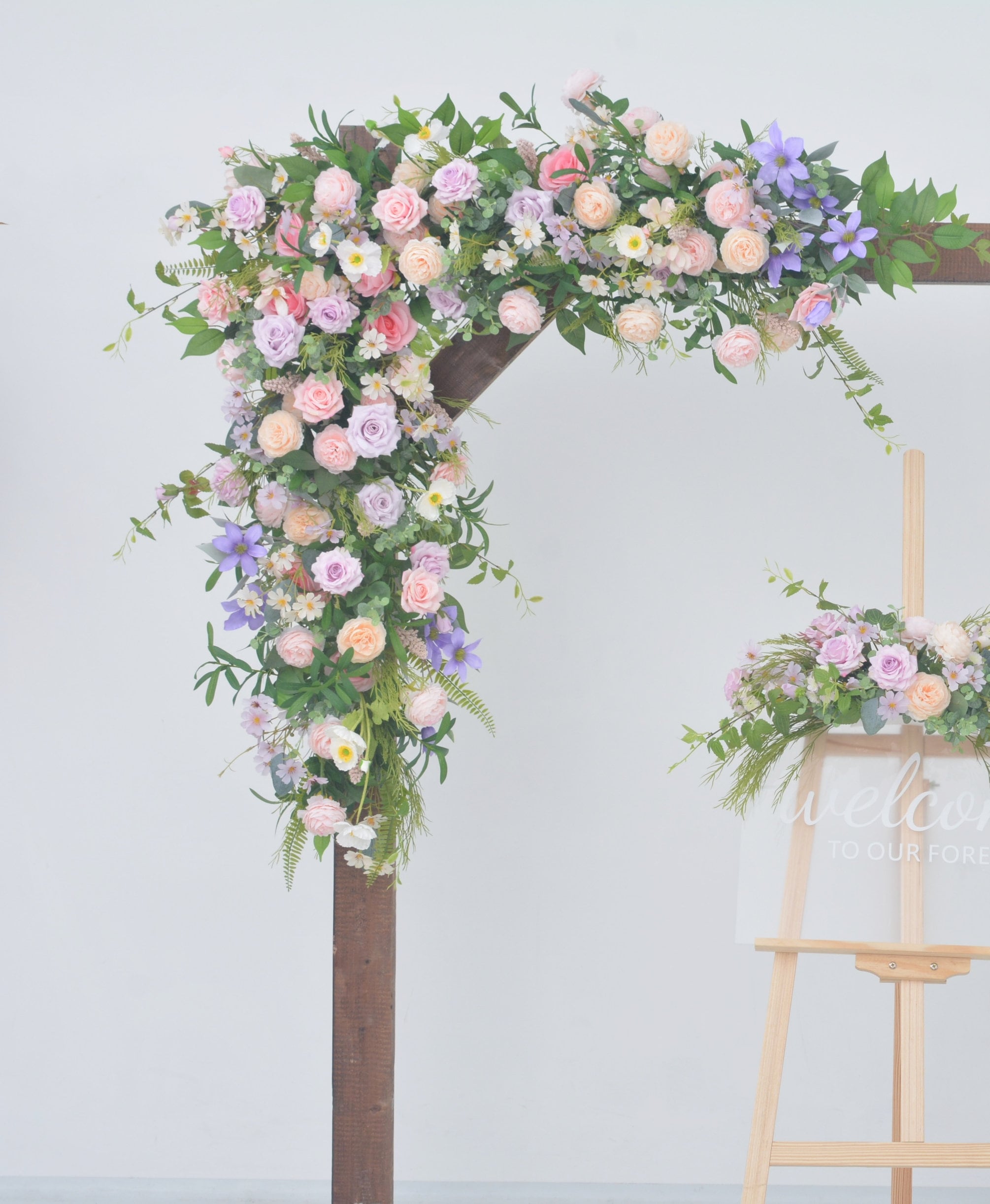 Artificial Wedding Arch Arrangements with Flowers in Shades of Pink, Purple and Champagne