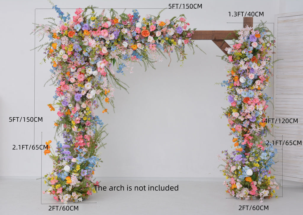 Pastel Wildflower Wedding Arbor Arrangements with Light Pink, Orange, Purple, and Blue Accents