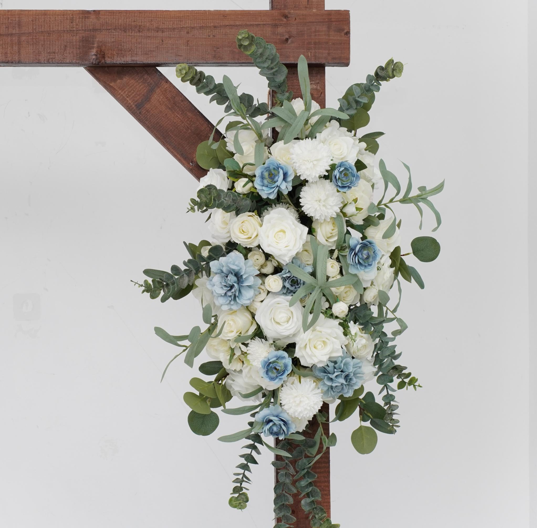 Floral Arch Arrangement for Frame and Event Backdrop Featuring White, Light Blue, and Greenery