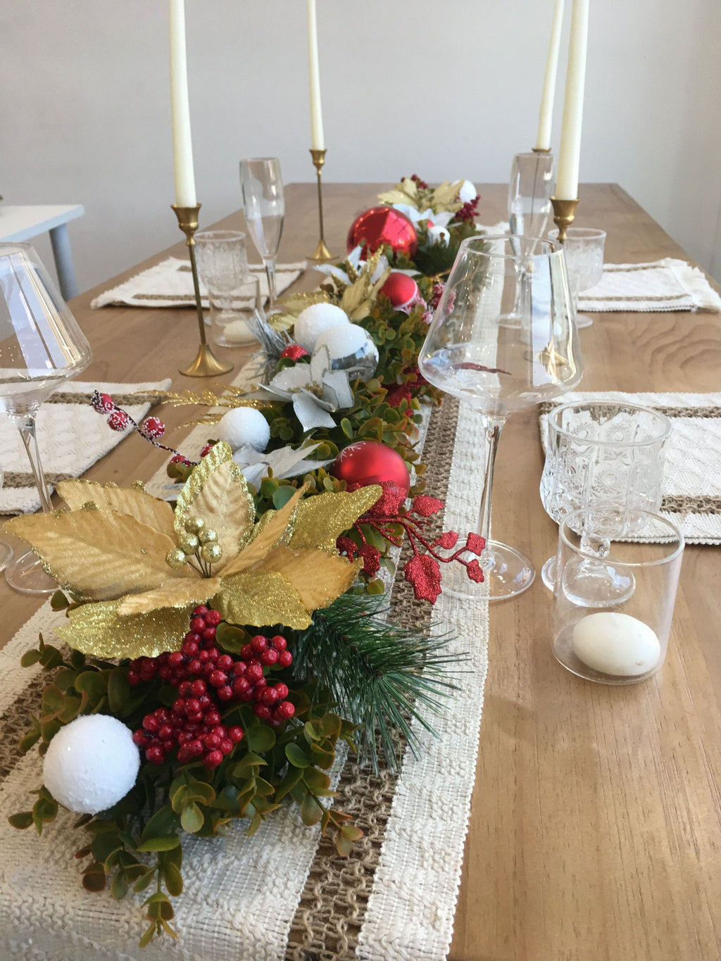 6FT Christmas Garland with Gold Poinsettias, Red Balls, Snow Balls, and Berries