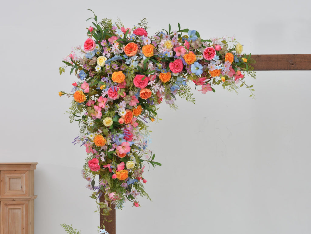 Arch Wildflowers Floral Arrangement with Hot Pink, Light Blue, Orange, and Pale Purple