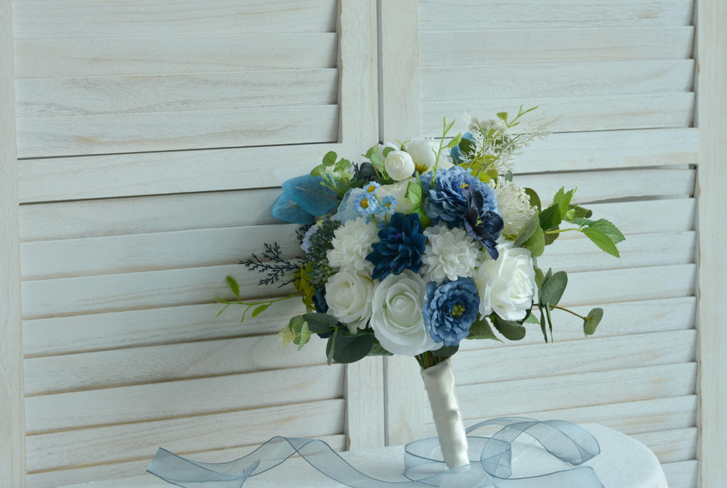 Elegant Wedding Bouquet Classic Bridal Flowers, White, Navy Blue and Blue