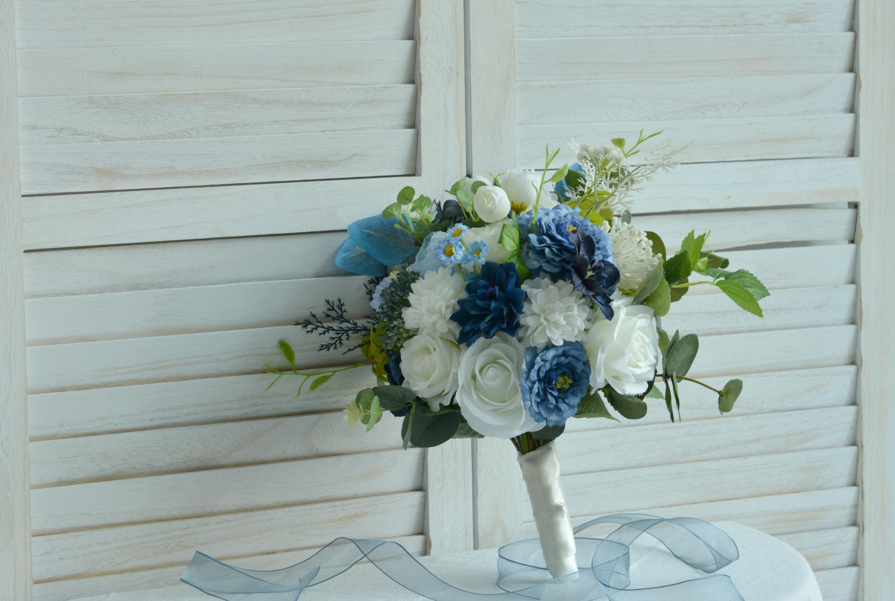 Elegant Wedding Bouquet Classic Bridal Flowers, White, Navy Blue and Blue