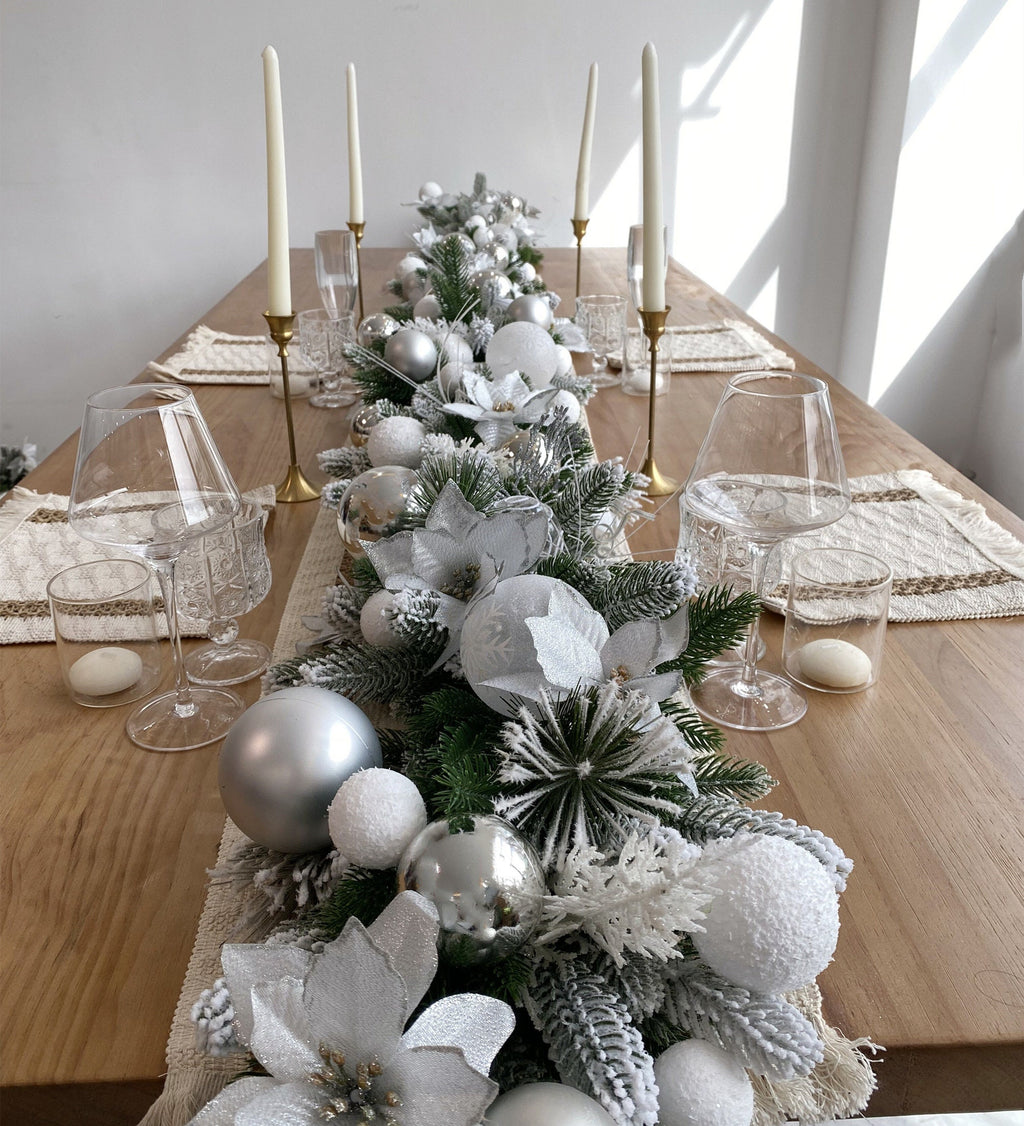 9FT Frosted Christmas Garland with Lights in Silver and White with Poinsettias,Snow Balls,Silver Balls and Leaves,Grass