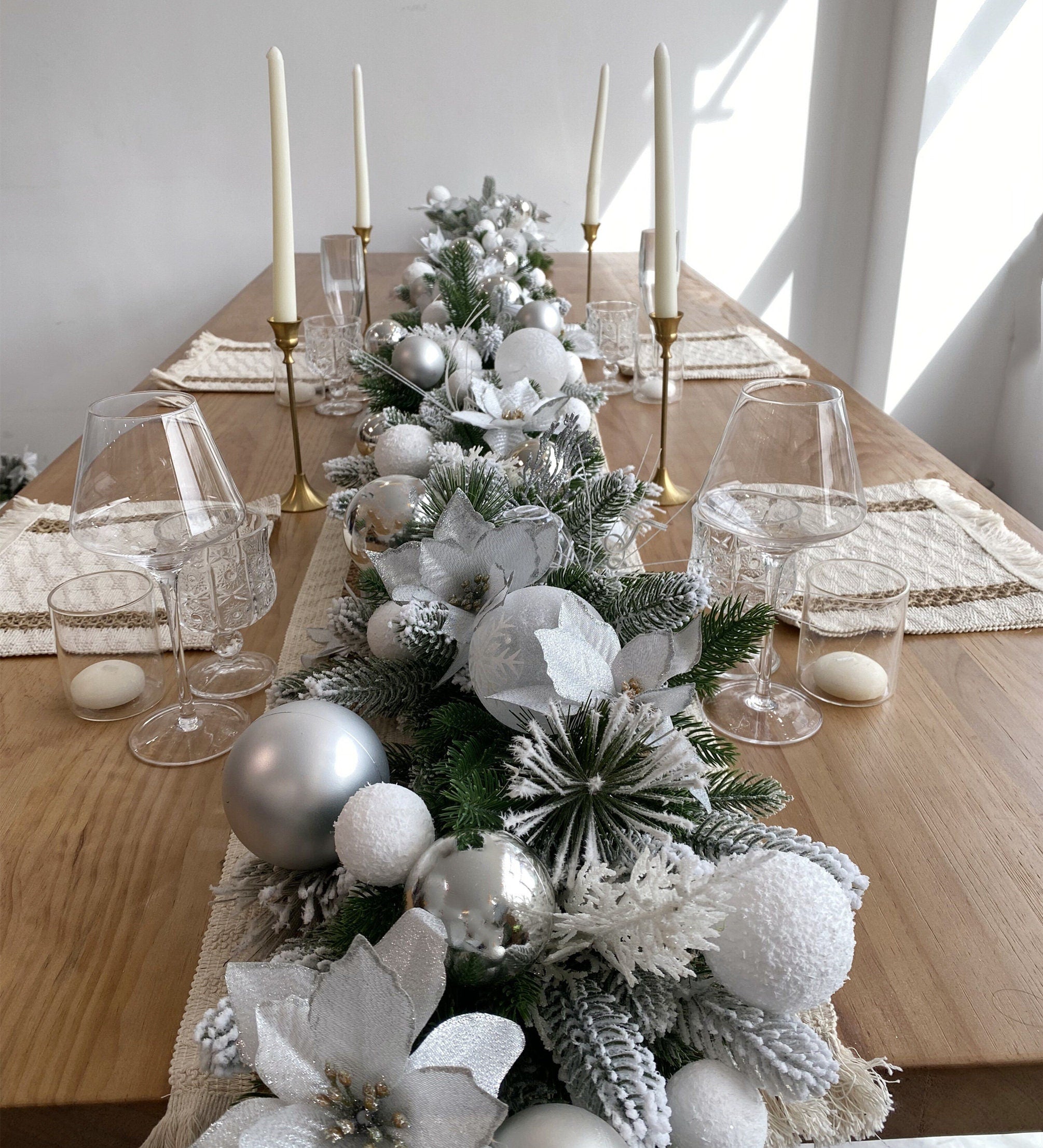 9FT Frosted Christmas Garland with Lights in Silver and White with Poinsettias,Snow Balls,Silver Balls and Leaves,Grass