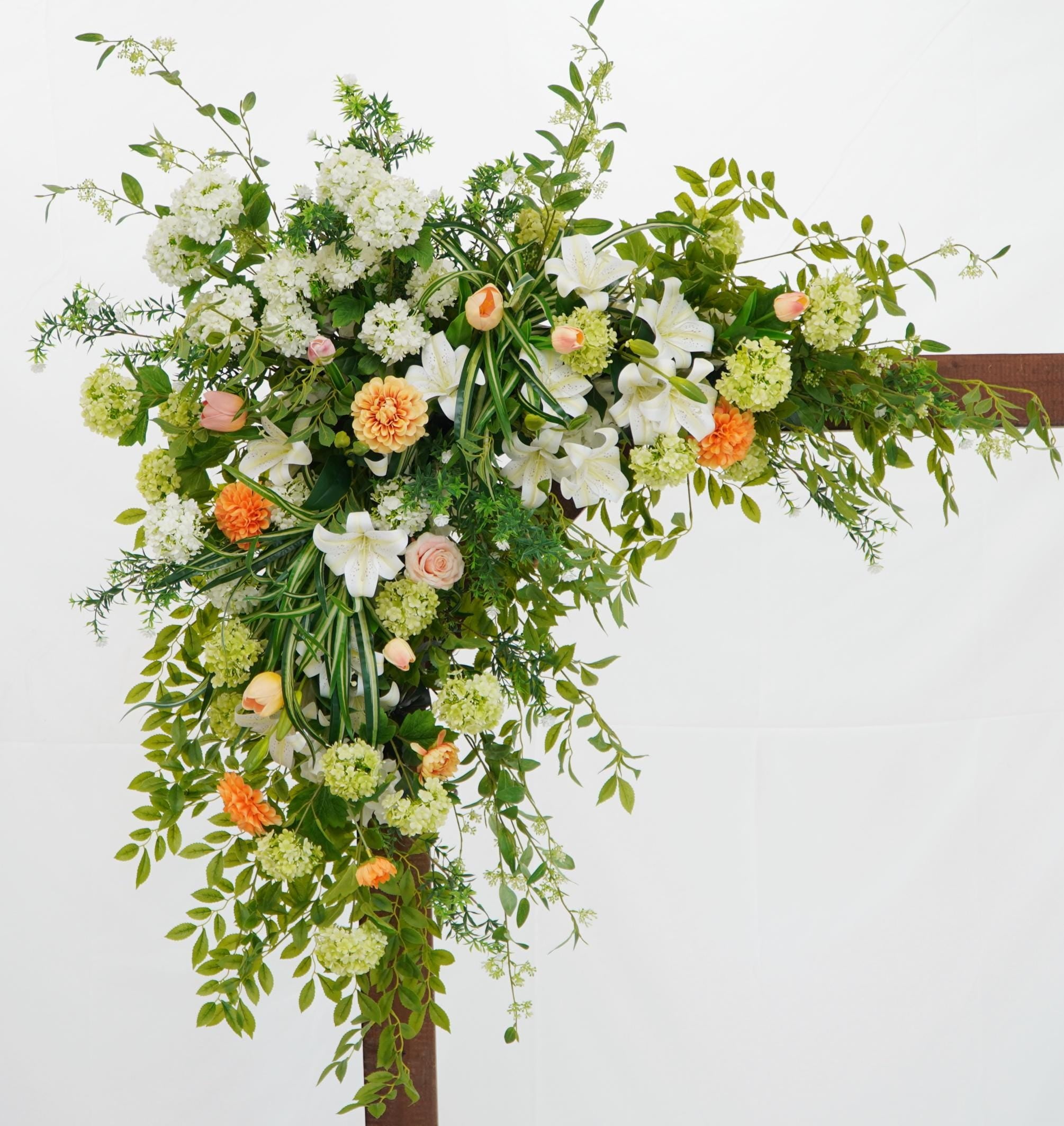 Luxurious Artificial White and Peach Floral Arrangement for Wedding Arches, Arbors, and Ceremony Backdrops