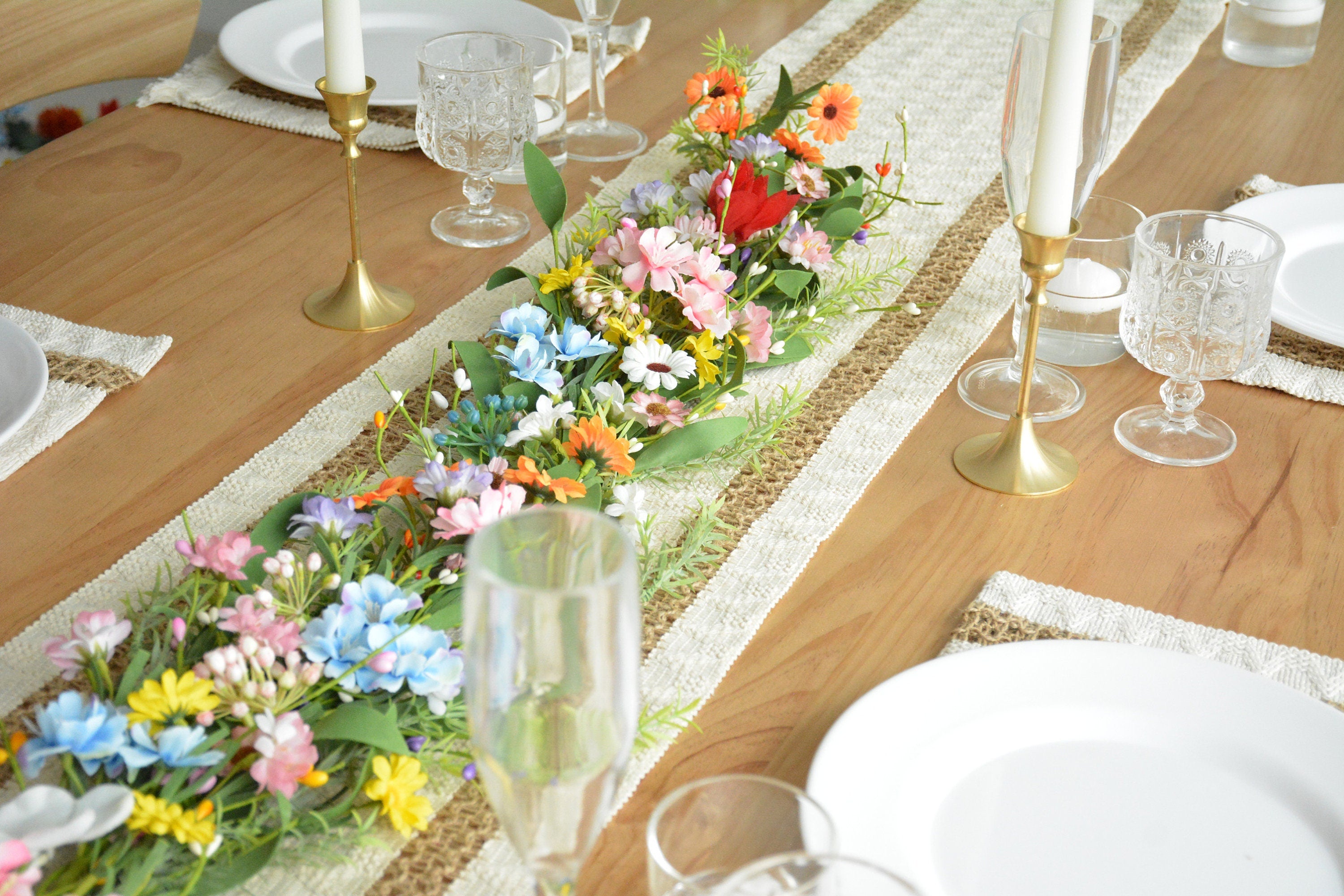 Eucalyptus Garland with Colorful Flowers: Summer Table Runner
