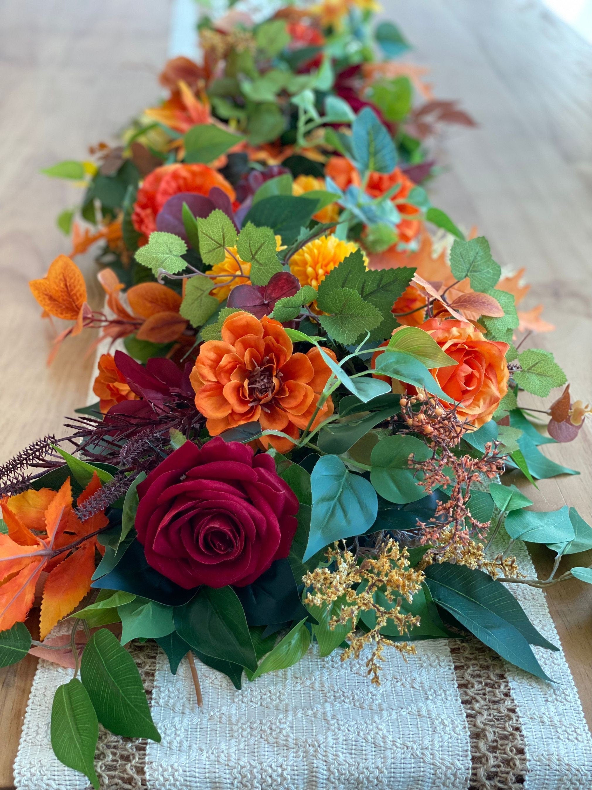 Fall Garland: Burgundy, Orange, and Yellow Thanksgiving Table Centerpiece (3.2FT)