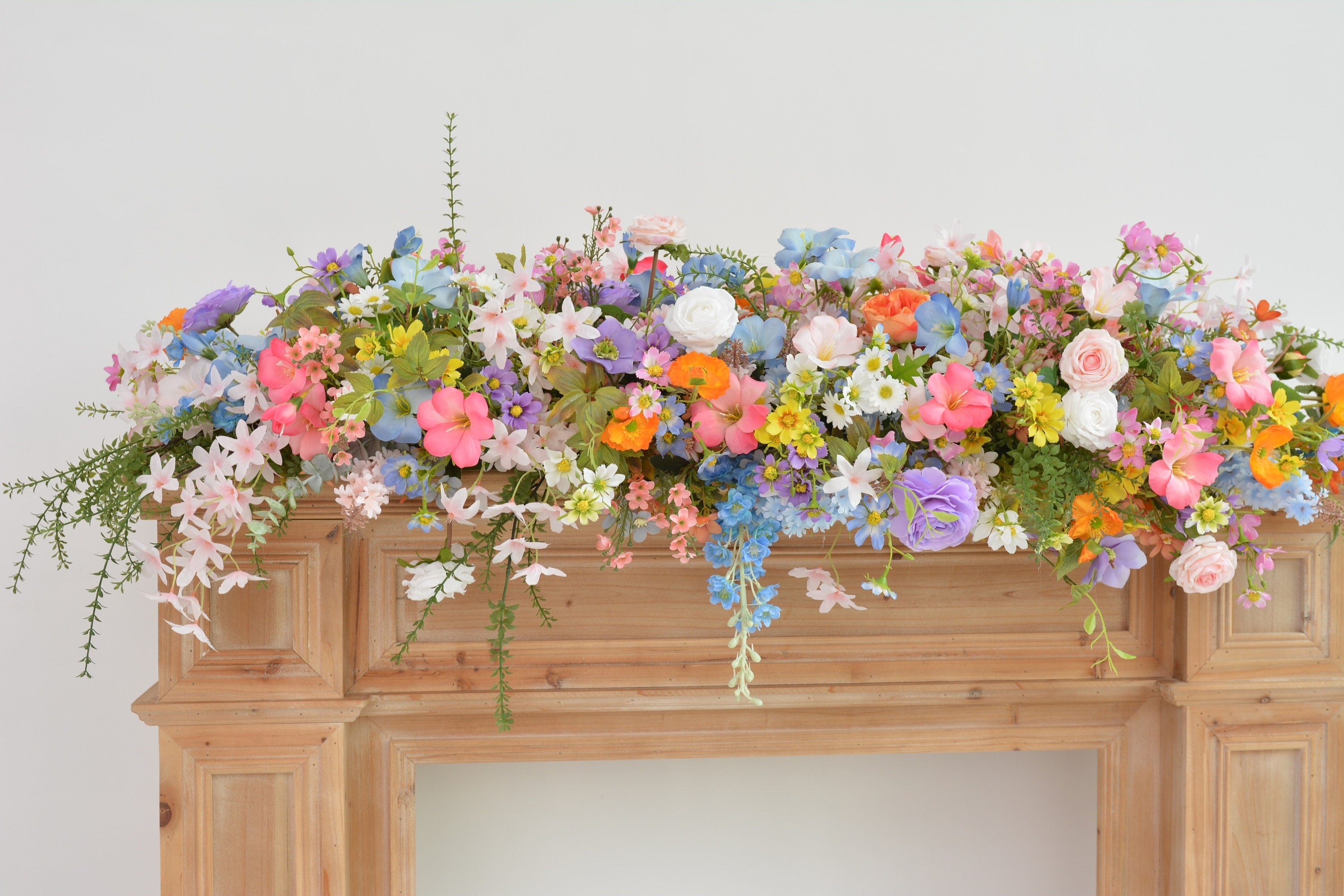 Pastel Wildflower Mantel & Floor Arrangement: Soft Pink, Peach, Lavender Decor