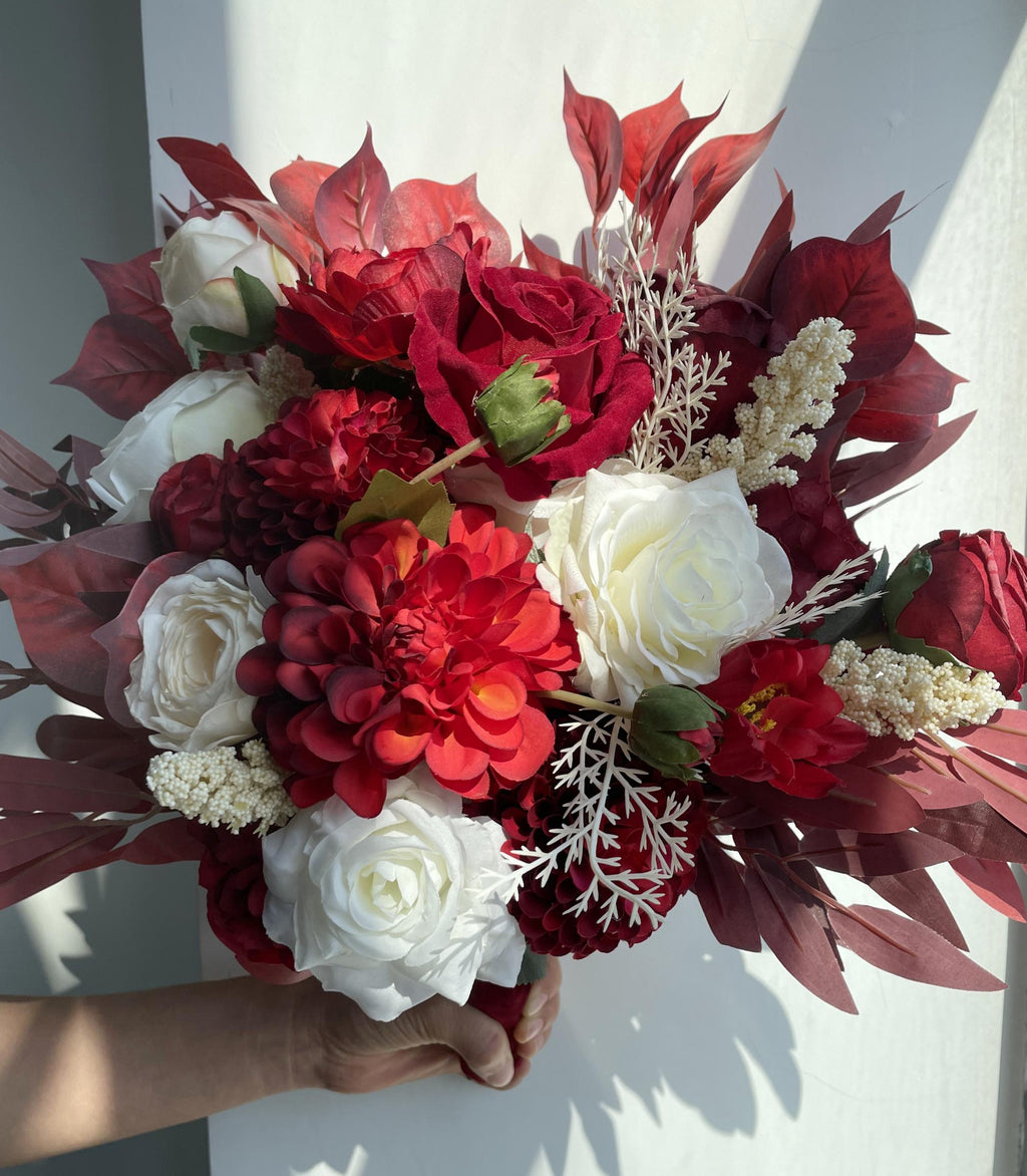 Elegant Bridal Bouquet With Red, White, and Champagne Floral Arrangement Wedding Flowers
