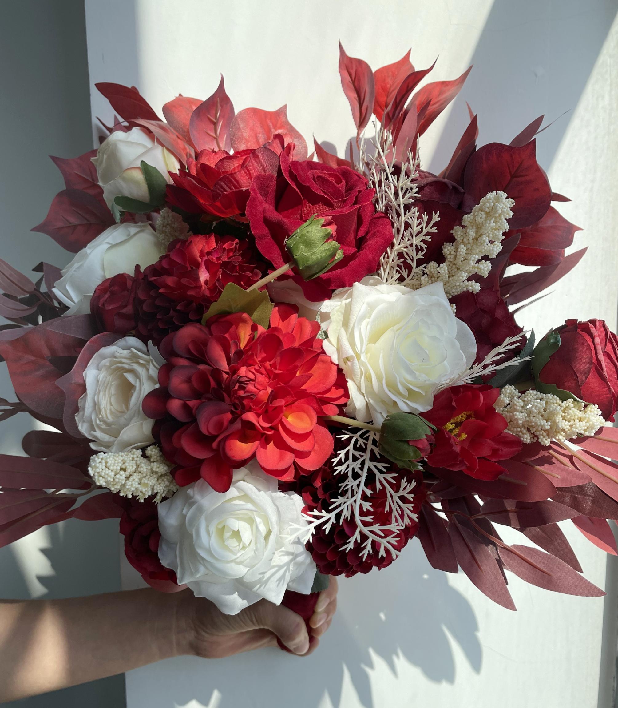 Elegant Bridal Bouquet With Red, White, and Champagne Floral Arrangement Wedding Flowers