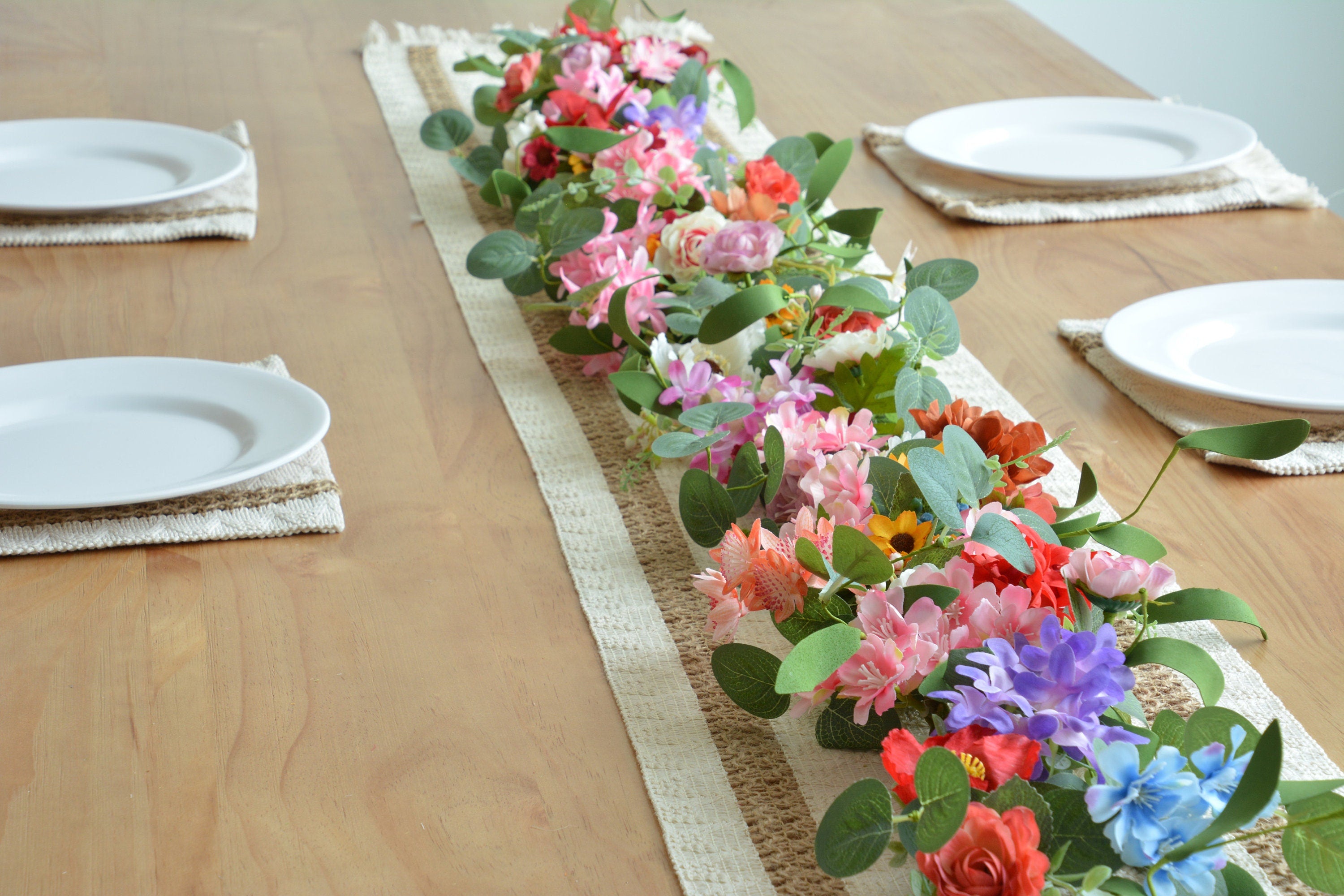 Eucalyptus Garland with Colorful Flowers: Summer Table Runner
