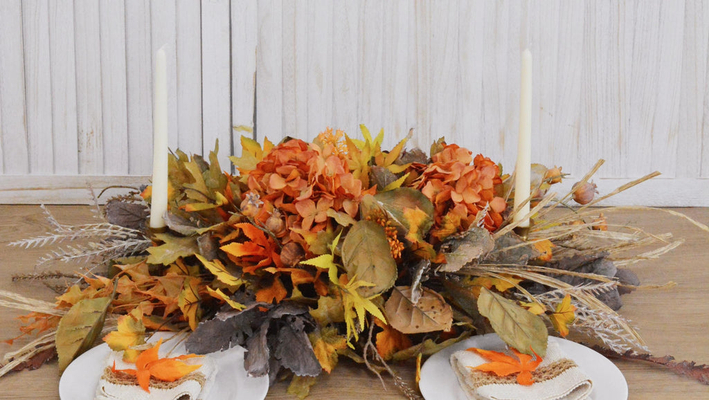 Autumn Harvest Hydrangea Centerpiece, Faux Floral Arrangement for Thanksgiving and Halloween Table Decor