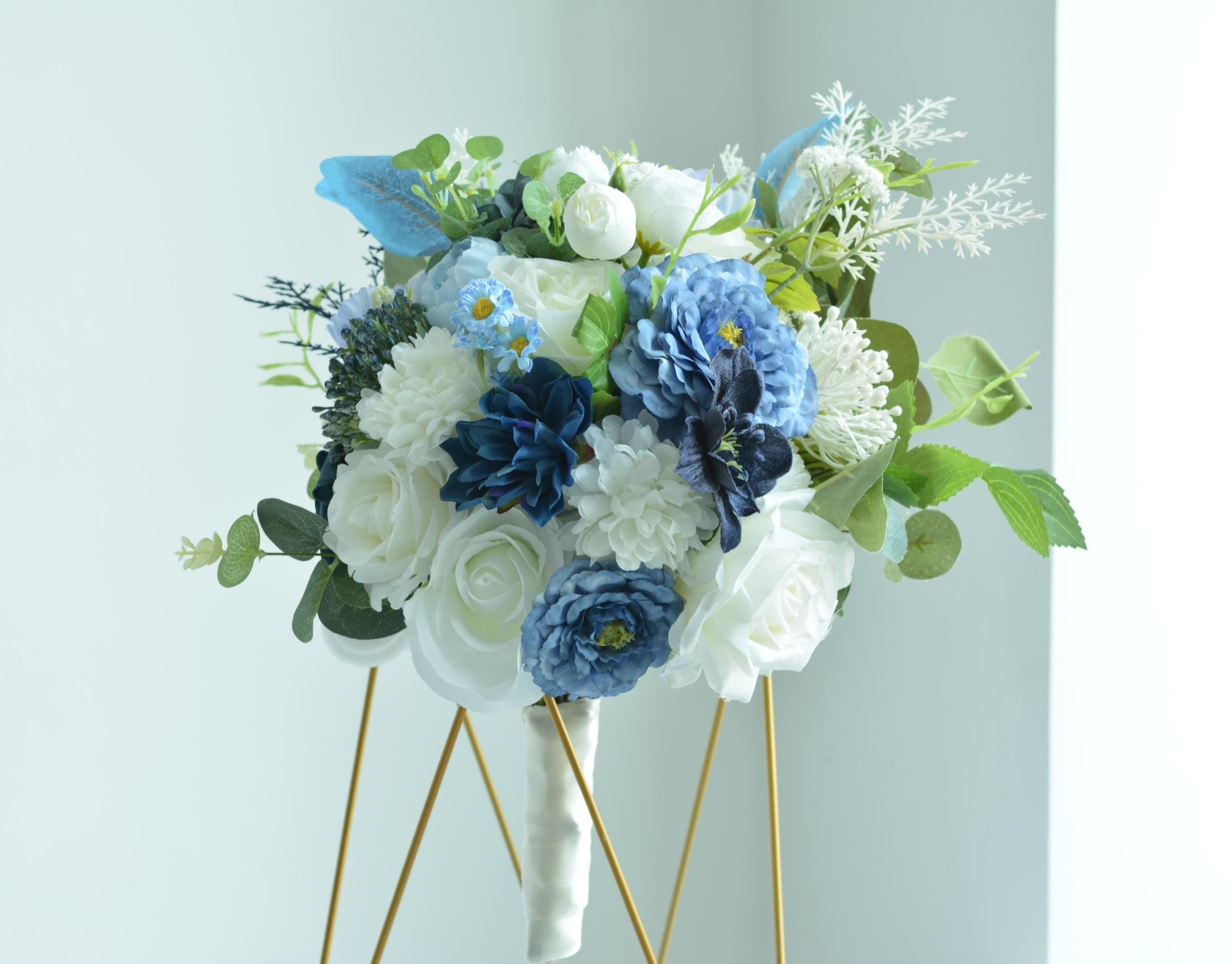 Elegant Wedding Bouquet Classic Bridal Flowers, White, Navy Blue and Blue