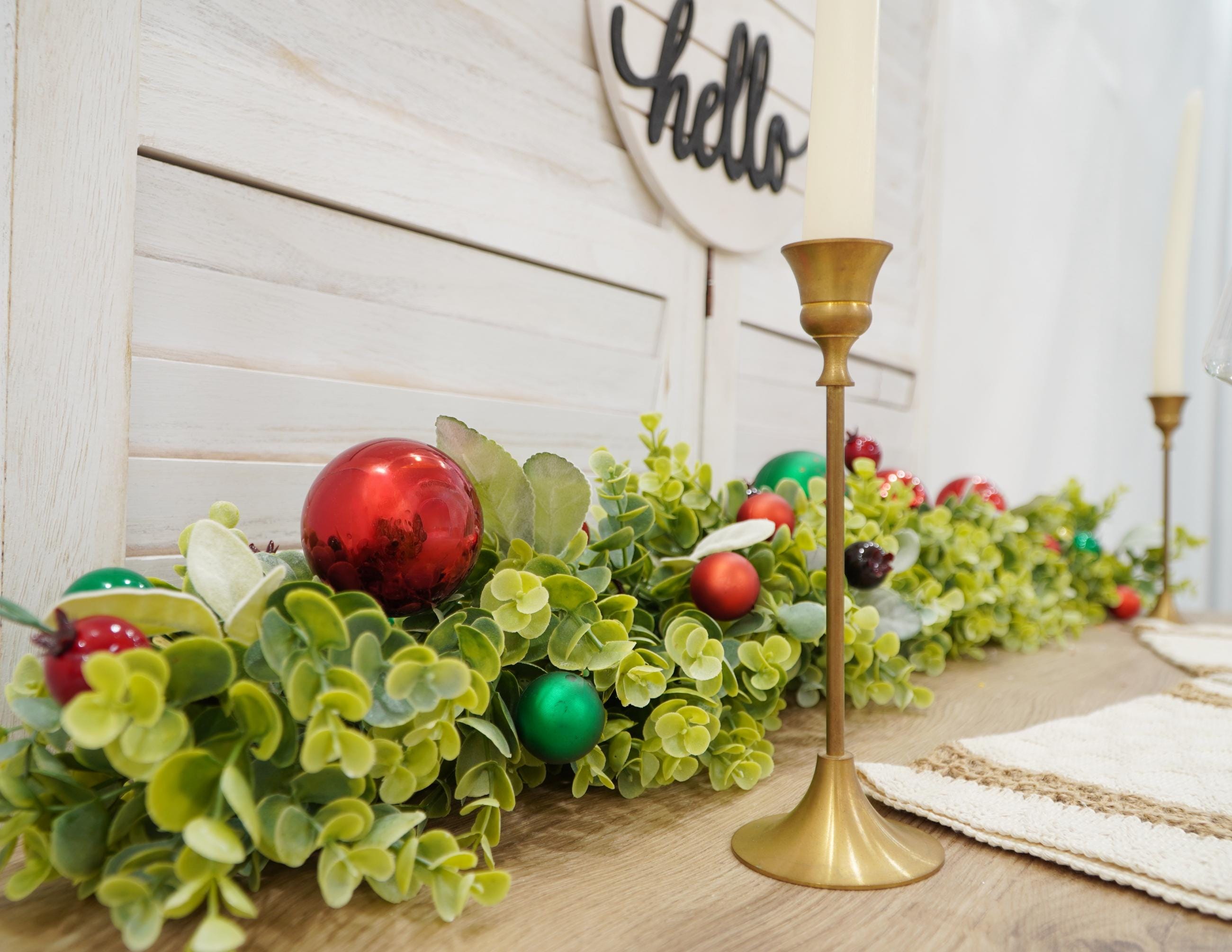 Christmas Garland with Greenery and Ornaments – Holiday Table Centerpiece or Mantel Decoration