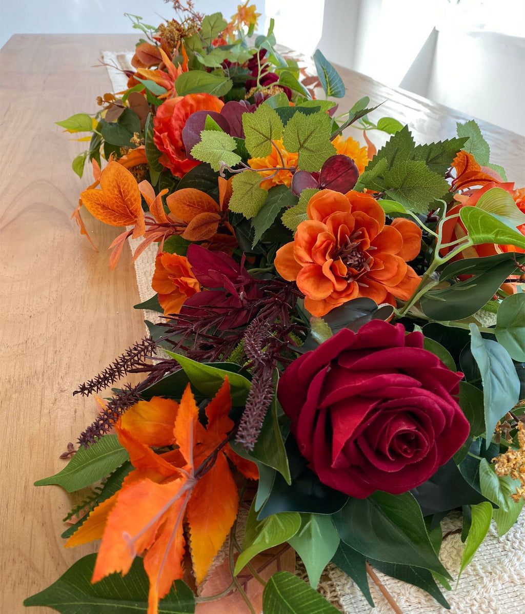 Fall Garland: Burgundy, Orange, and Yellow Thanksgiving Table Centerpiece (3.2FT)