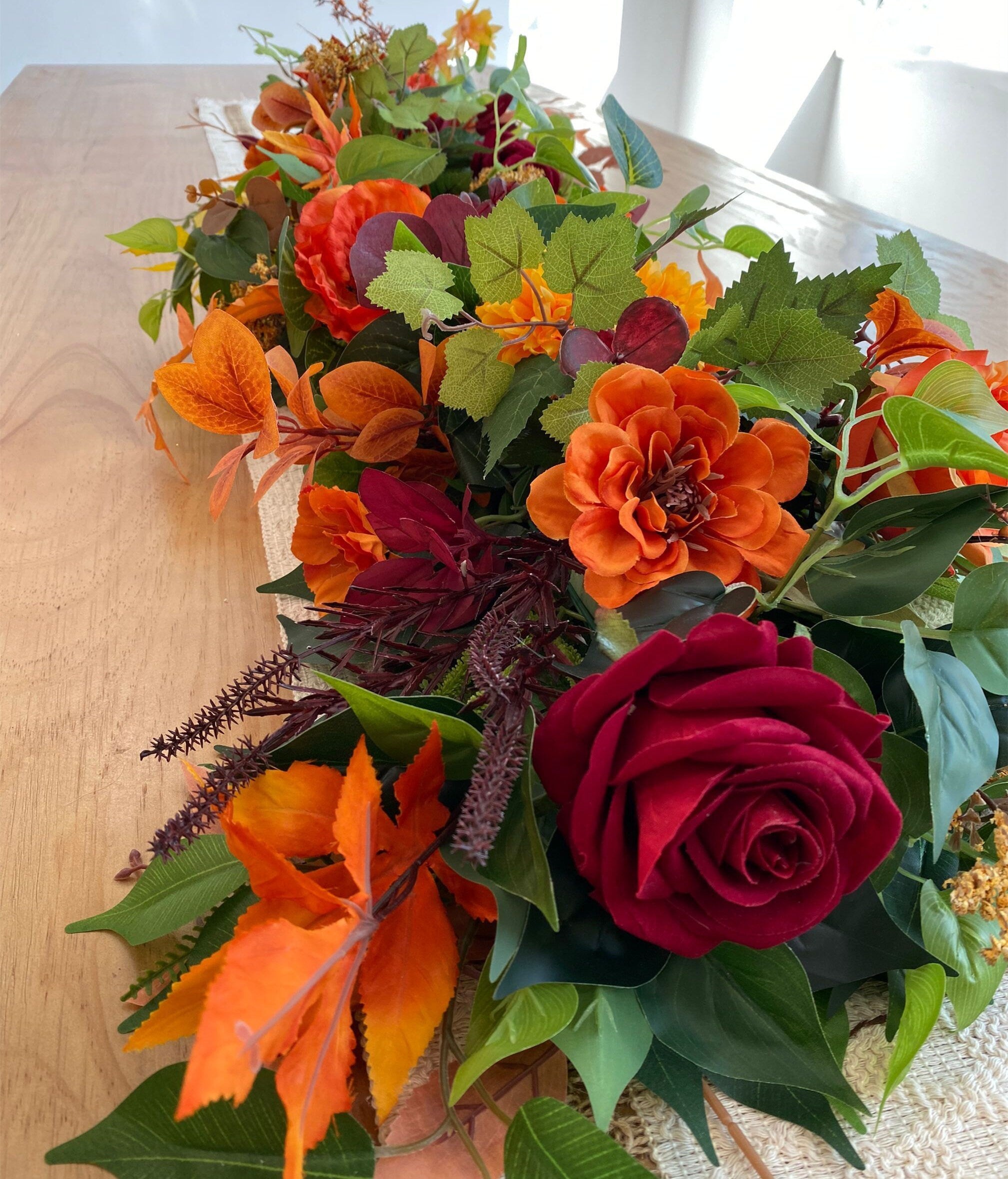 Fall Garland: Burgundy, Orange, and Yellow Thanksgiving Table Centerpiece (3.2FT)