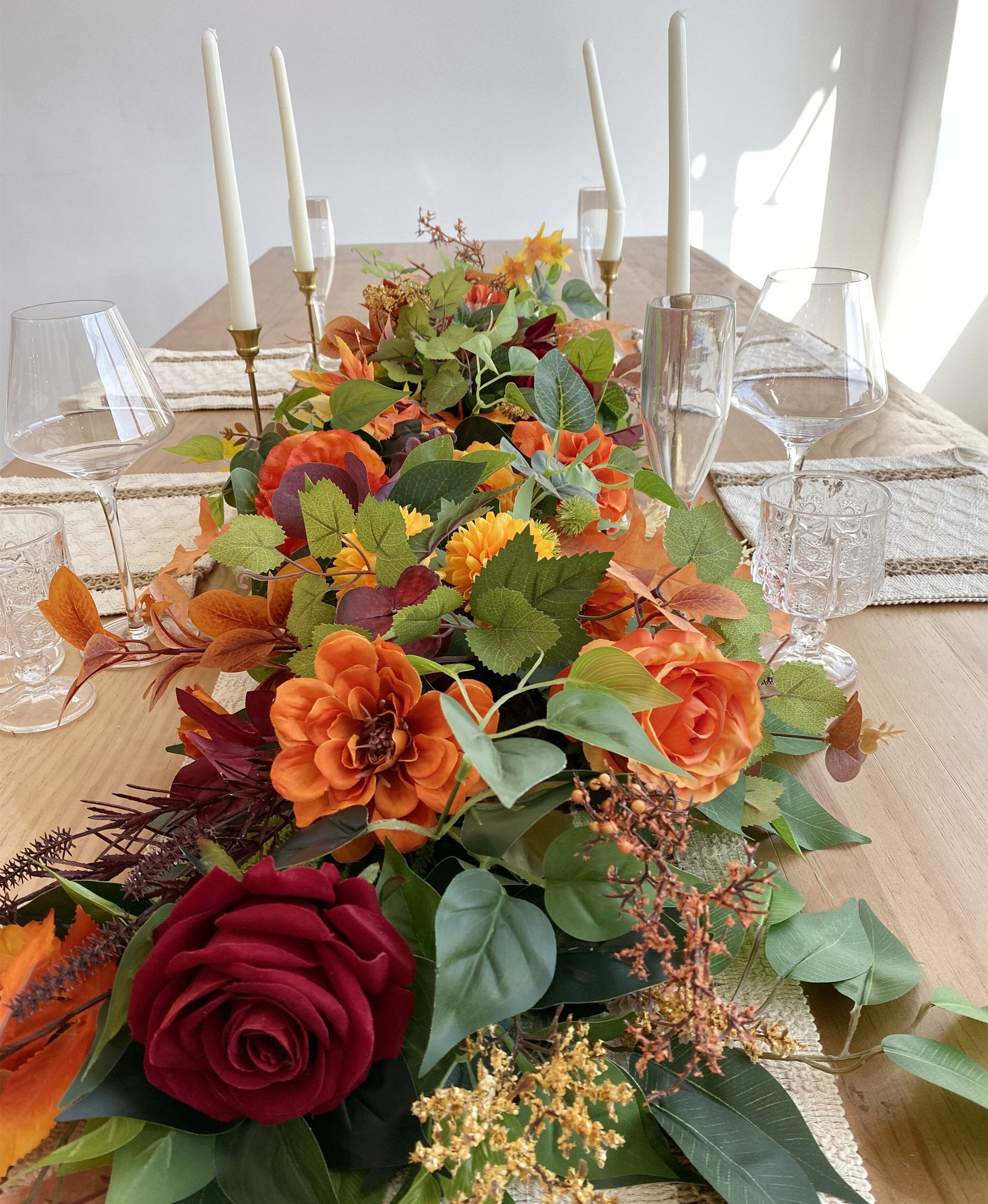 Fall Garland: Burgundy, Orange, and Yellow Thanksgiving Table Centerpiece (3.2FT)