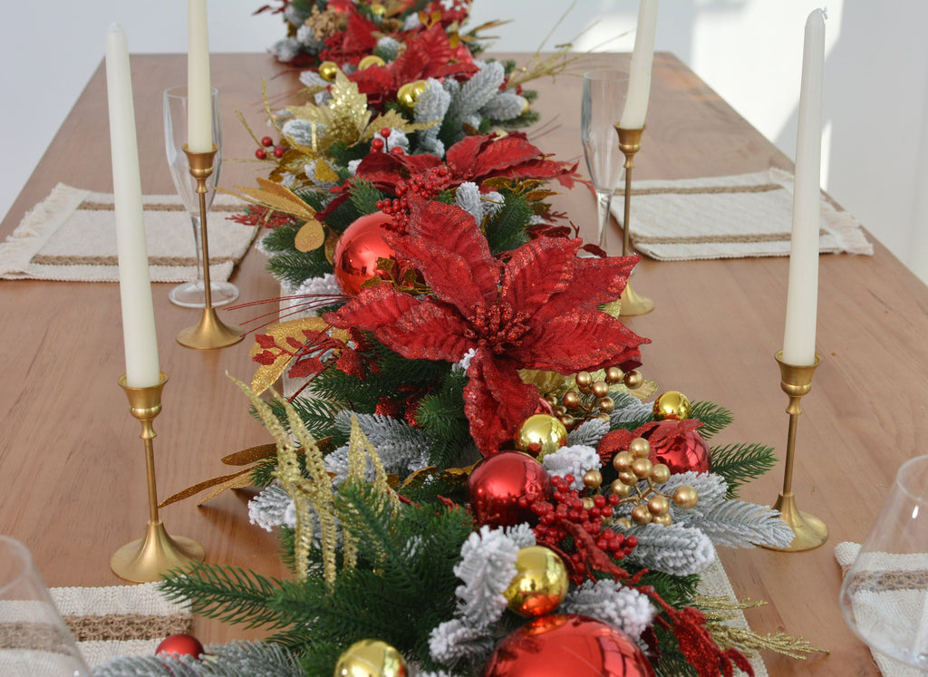 9FT Christmas Pine Garland with Red Poinsettias, Gold Leaves, Holly Berries, and Decor Balls