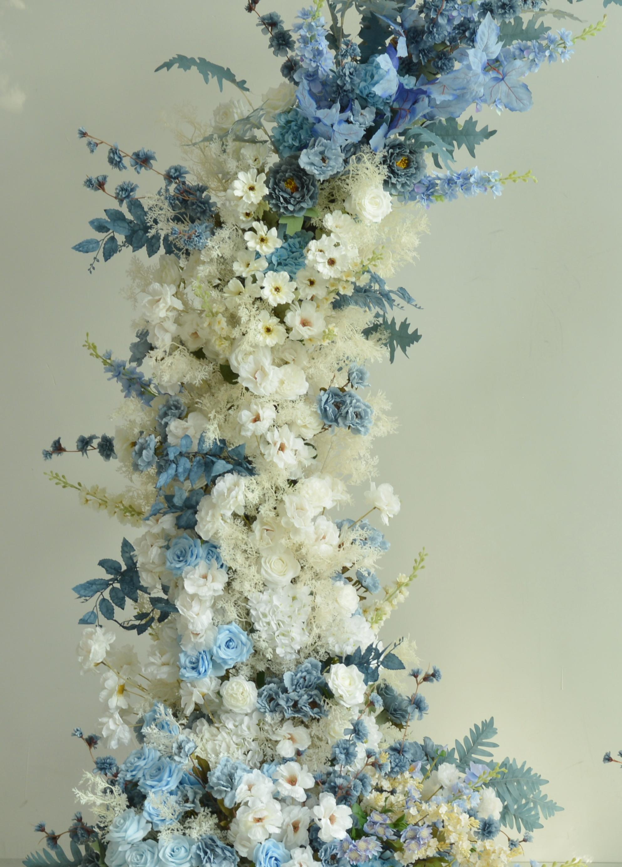 Blue and White Wedding Flower Arrangement with Greenery for Horn Arch