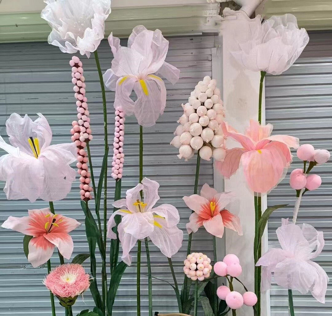 Giant Freestanding Flowers in Paper, Silk, and EVA for Window Displays and Event Decor