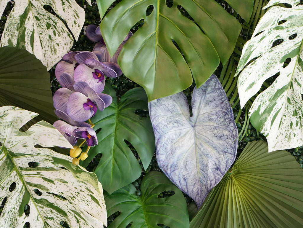 Faux Tropical Leaf Plant Wall: Purple Accents, Wedding Backdrop
