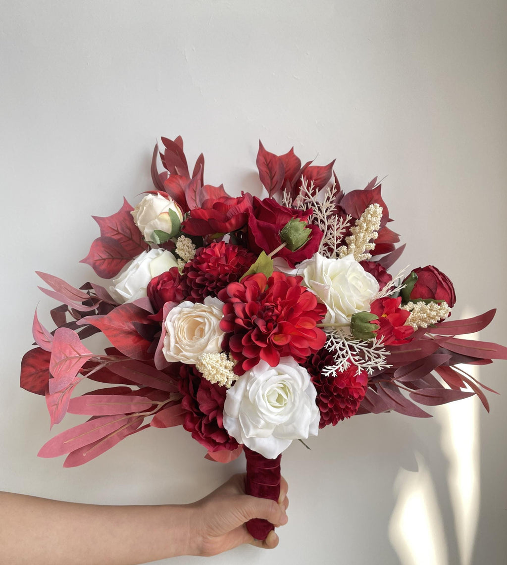 Elegant Bridal Bouquet With Red, White, and Champagne Floral Arrangement Wedding Flowers