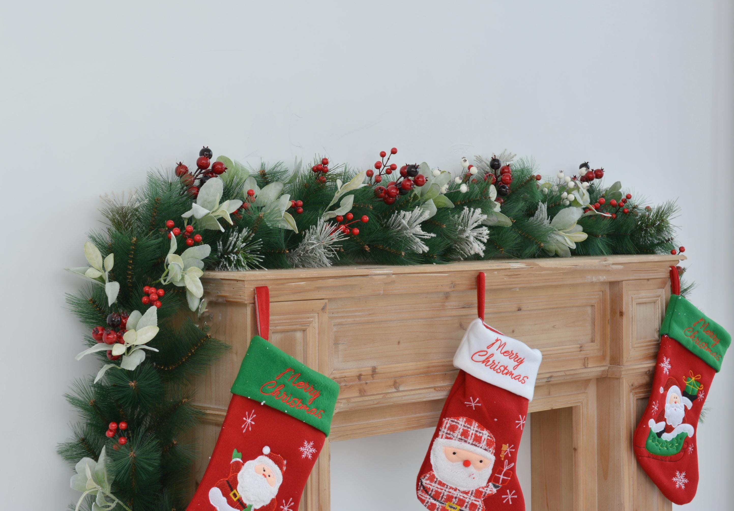 9FT Christmas Fireplace Garland with Greenery and Frosted Pine Accents, Holiday Mantel Decoration