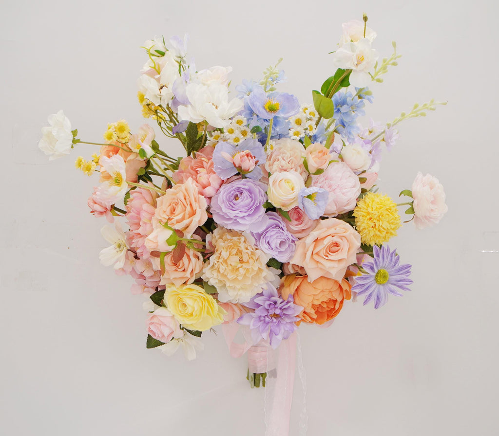 Bridal Bouquet with Mixed Garden Flowers Faux Wedding Bouquet in Pastel Peach, Lavender & Yellow