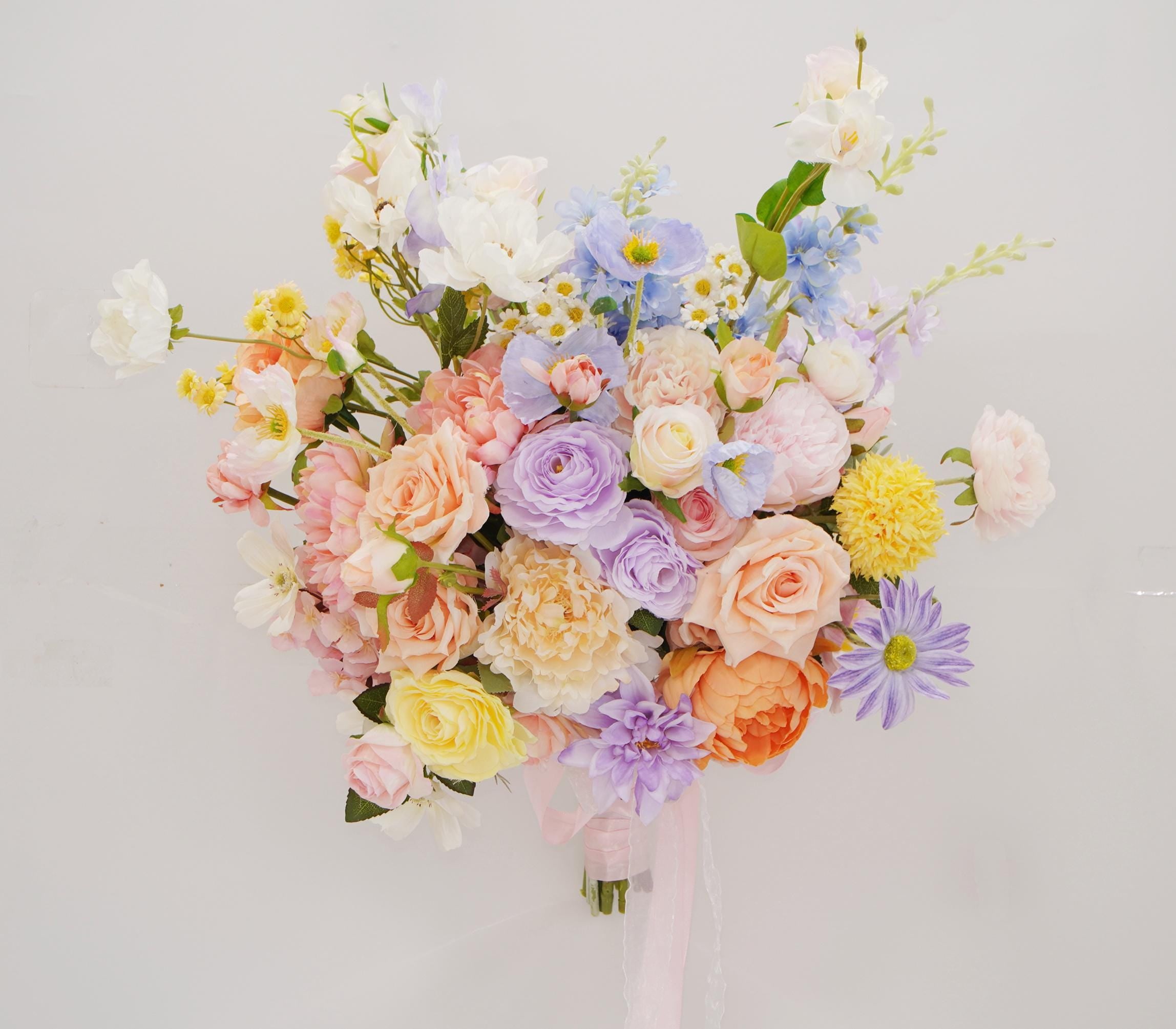 Bridal Bouquet with Mixed Garden Flowers Faux Wedding Bouquet in Pastel Peach, Lavender & Yellow
