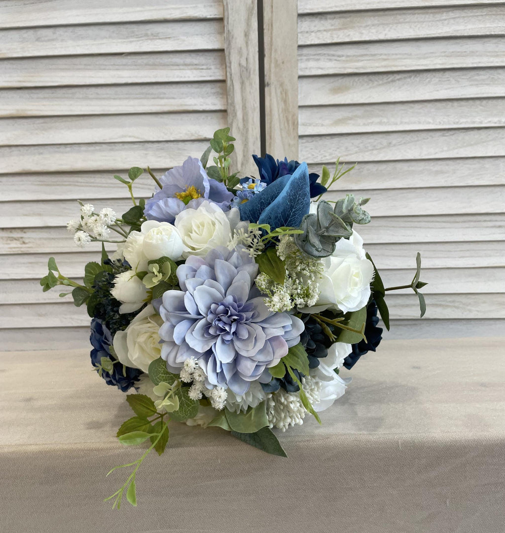 Elegant Bridal Bouquet Silk Flower Arrangement Wedding Bouquet Dusty Blue and White