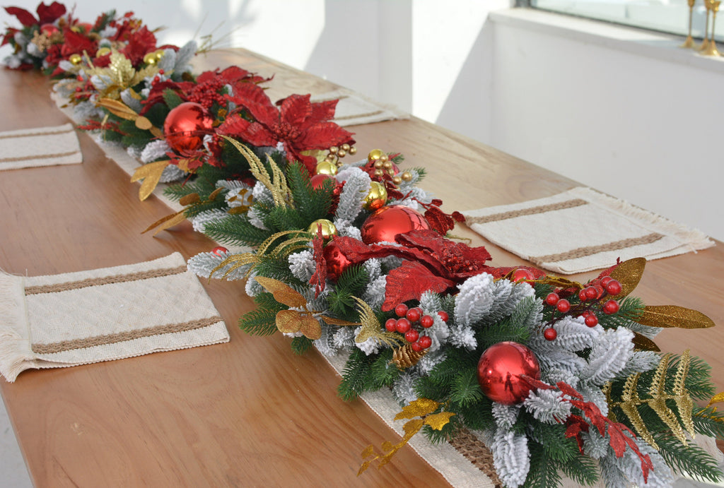 9FT Christmas Pine Garland with Red Poinsettias, Gold Leaves, Holly Berries, and Decor Balls