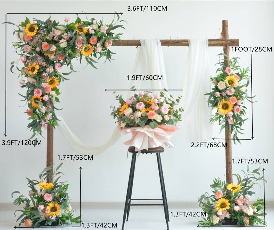 Arch Flower Arrangements with Sunflowers,Roses and Eucalyptus Wedding Flower Swag in Pink, Champagne, Ivory