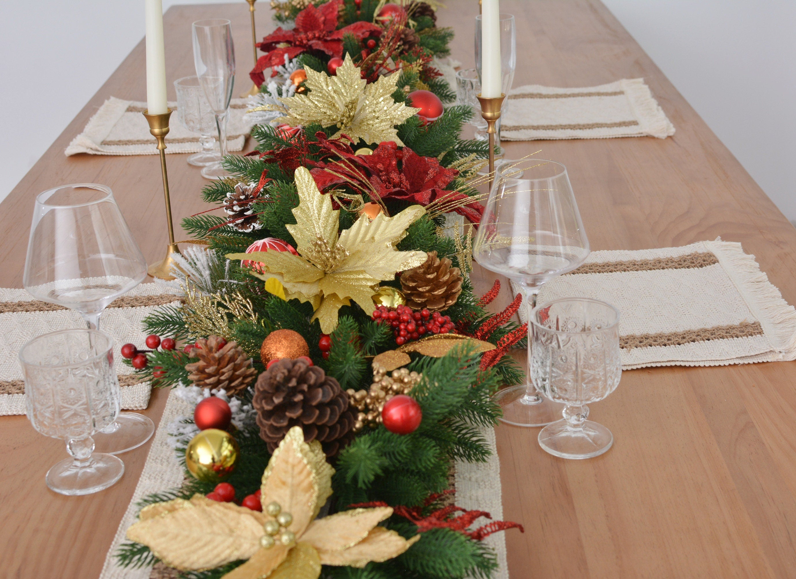 9FT Christmas Garland with Gold Poinsettias, Holly Berries, Pinecones, and Greenery,Customizable