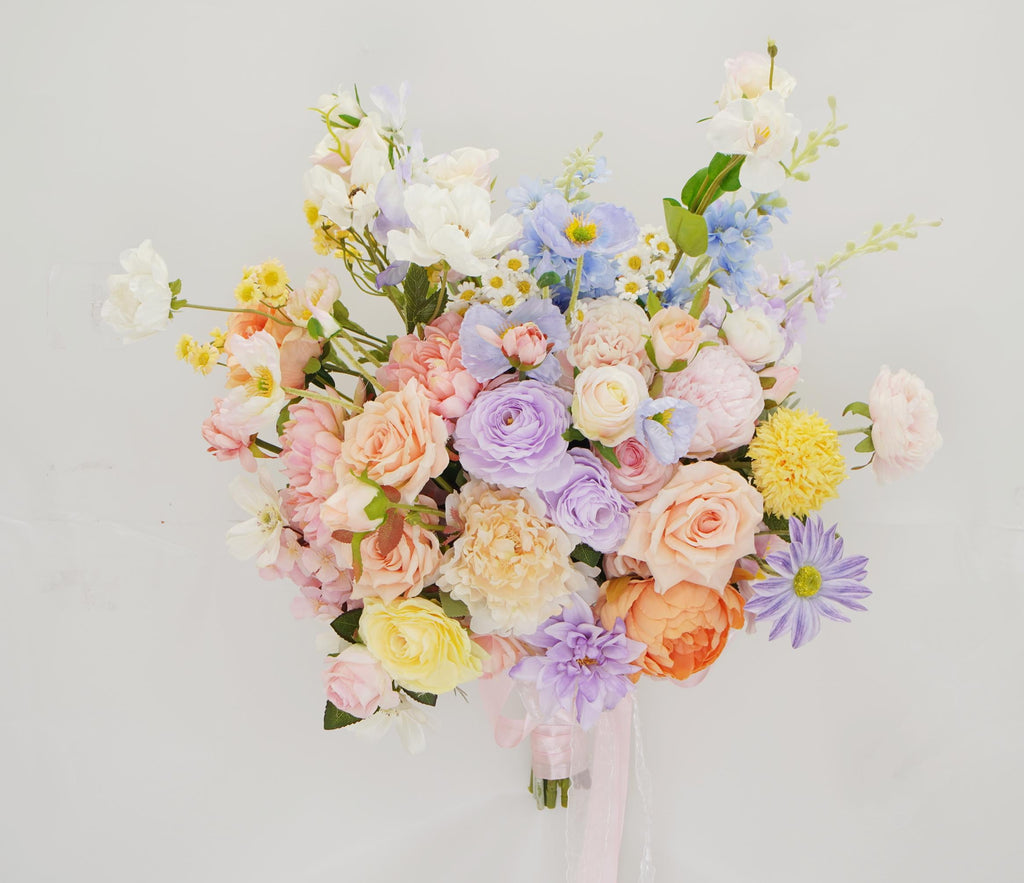 Bridal Bouquet with Mixed Garden Flowers Faux Wedding Bouquet in Pastel Peach, Lavender & Yellow