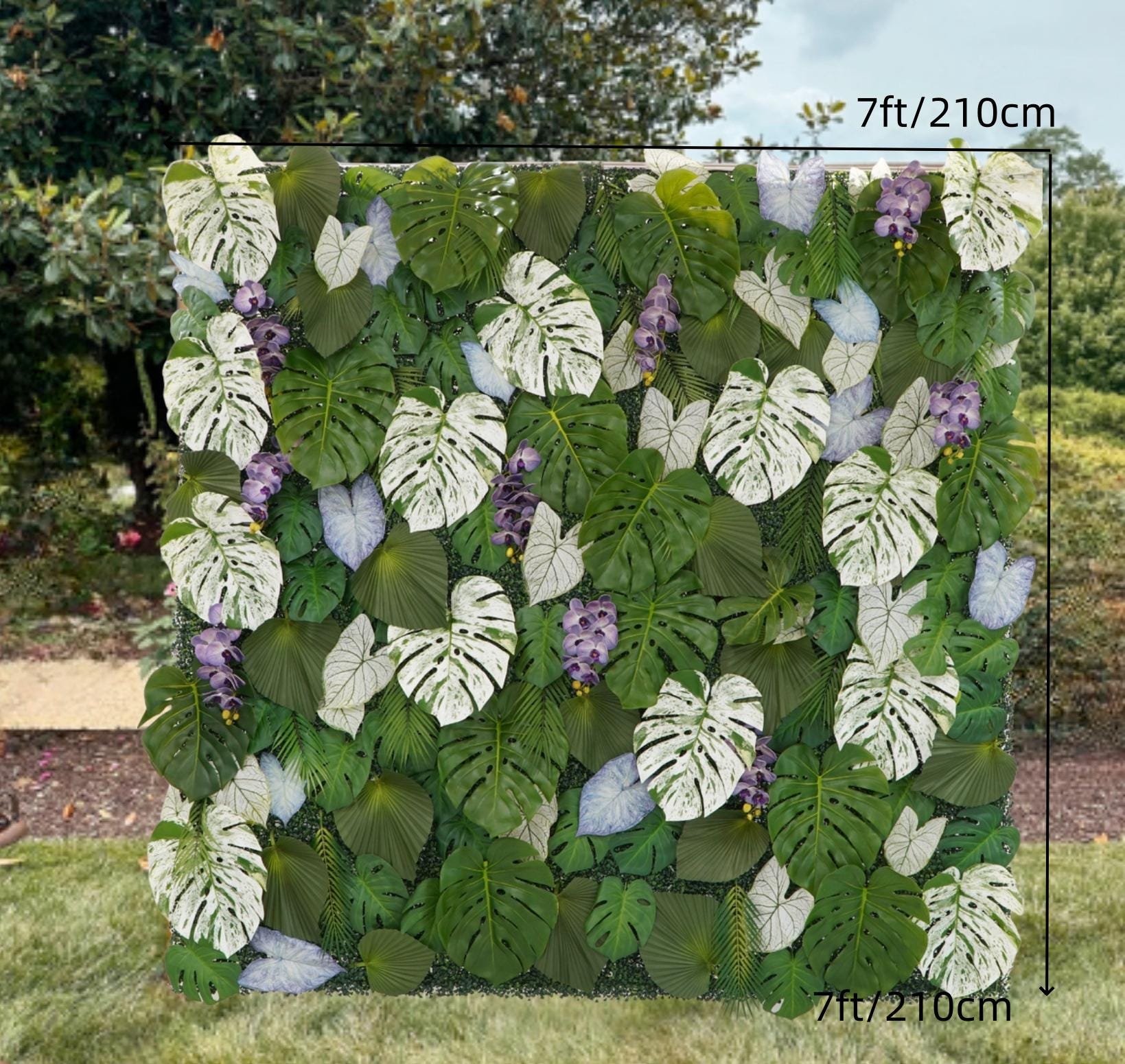 Faux Tropical Leaf Plant Wall: Purple Accents, Wedding Backdrop