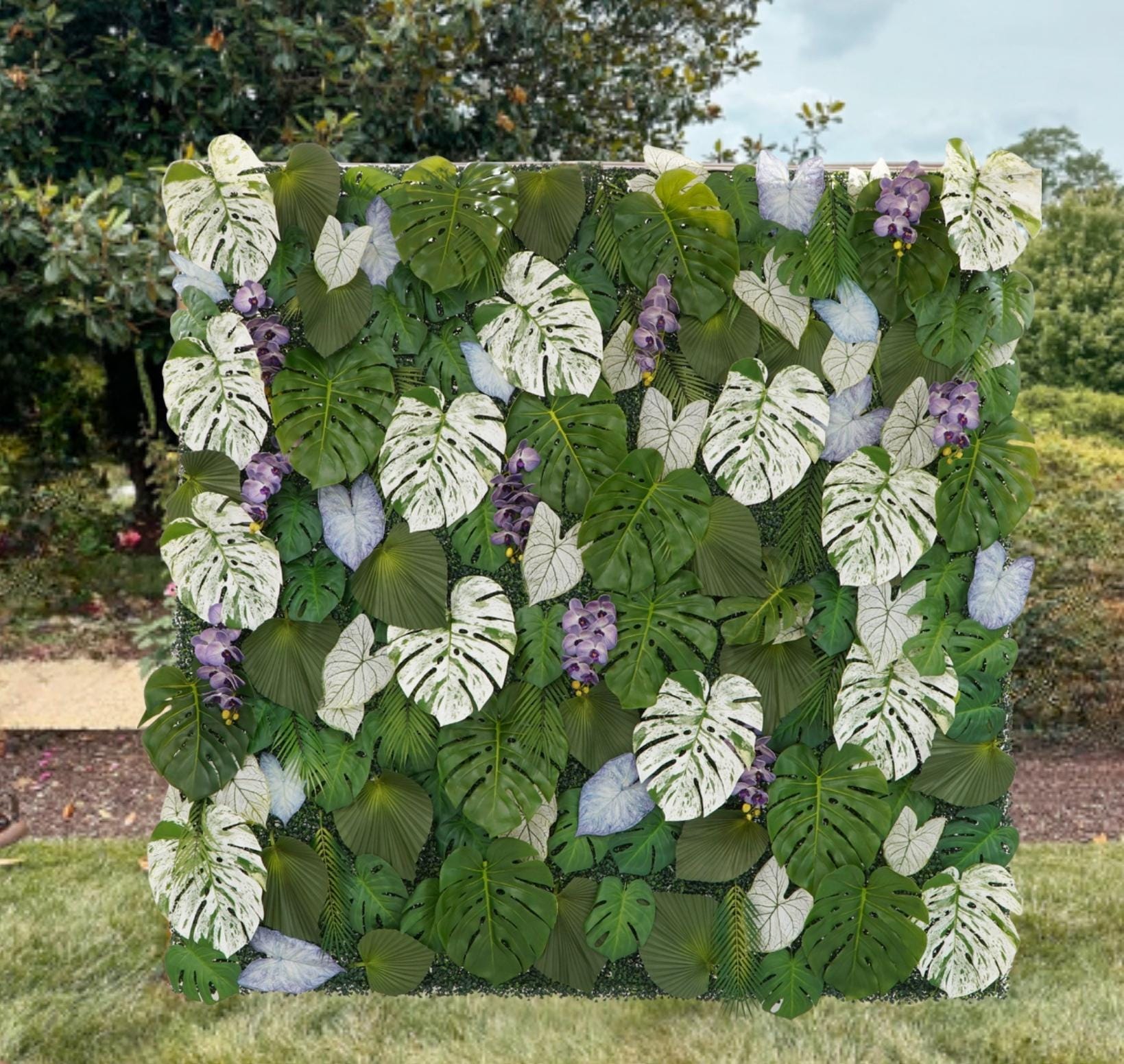 Faux Tropical Leaf Plant Wall: Purple Accents, Wedding Backdrop
