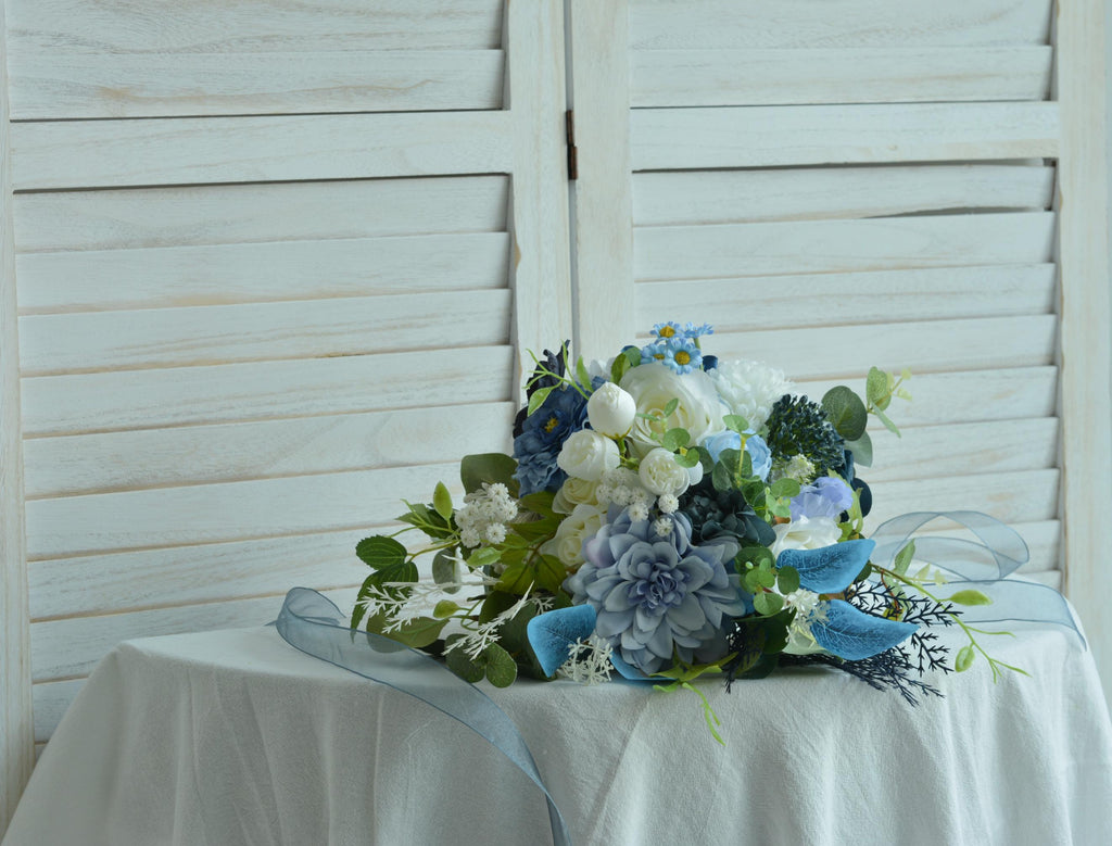 Elegant Wedding Bouquet Classic Bridal Flowers, White, Navy Blue and Blue