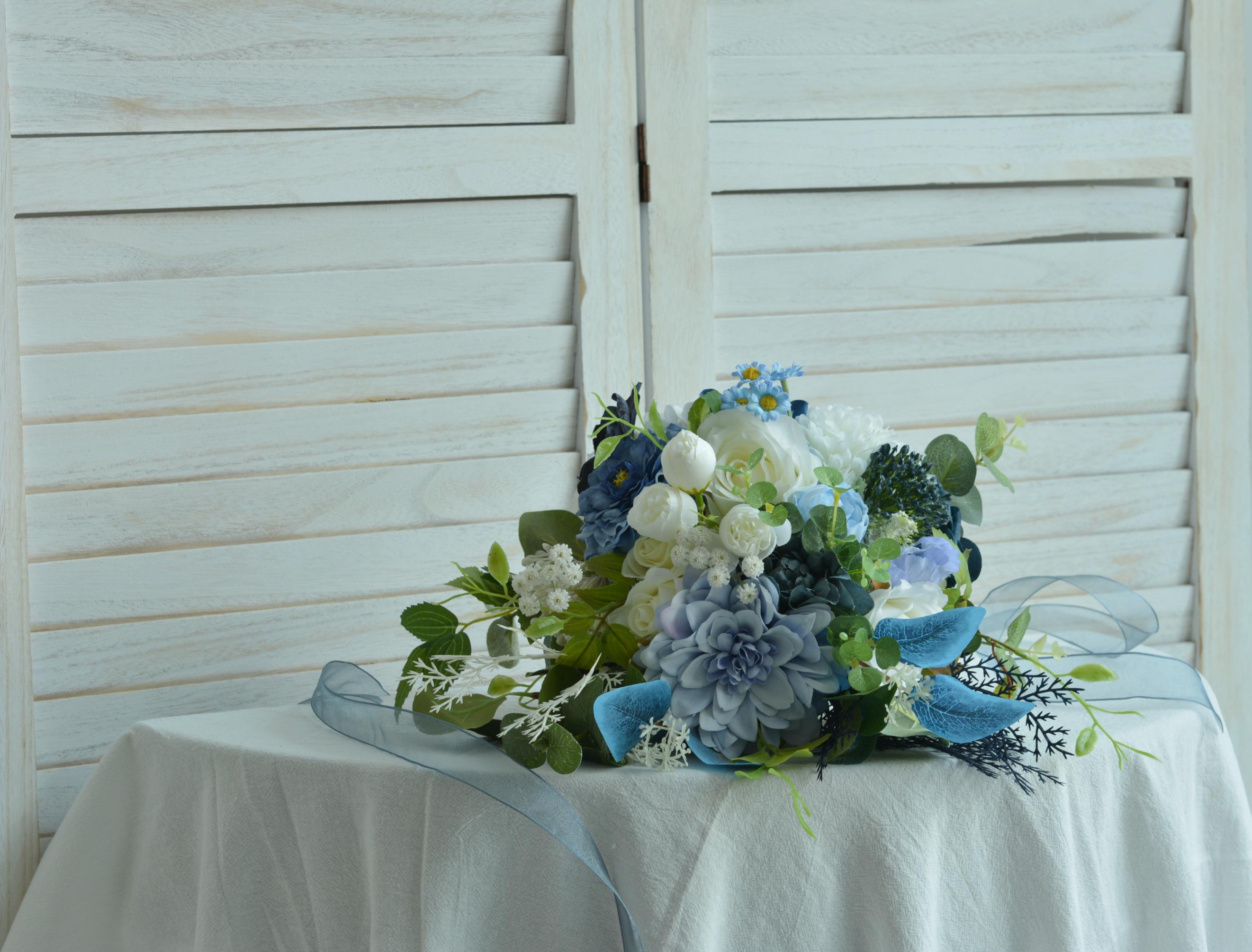 Elegant Wedding Bouquet Classic Bridal Flowers, White, Navy Blue and Blue