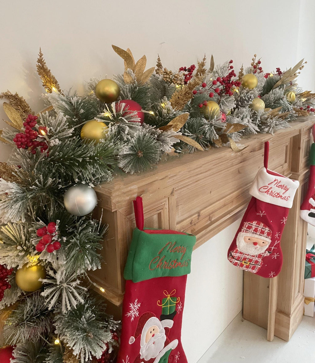 9FT Festive Christmas Garland with Gold, Red, and Green Decorations Holiday Mantel Garland for Fireplace or Doorway