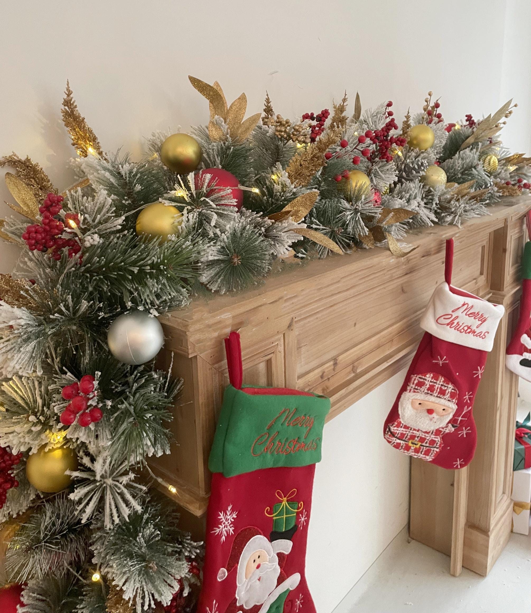 9FT Festive Christmas Garland with Gold, Red, and Green Decorations Holiday Mantel Garland for Fireplace or Doorway