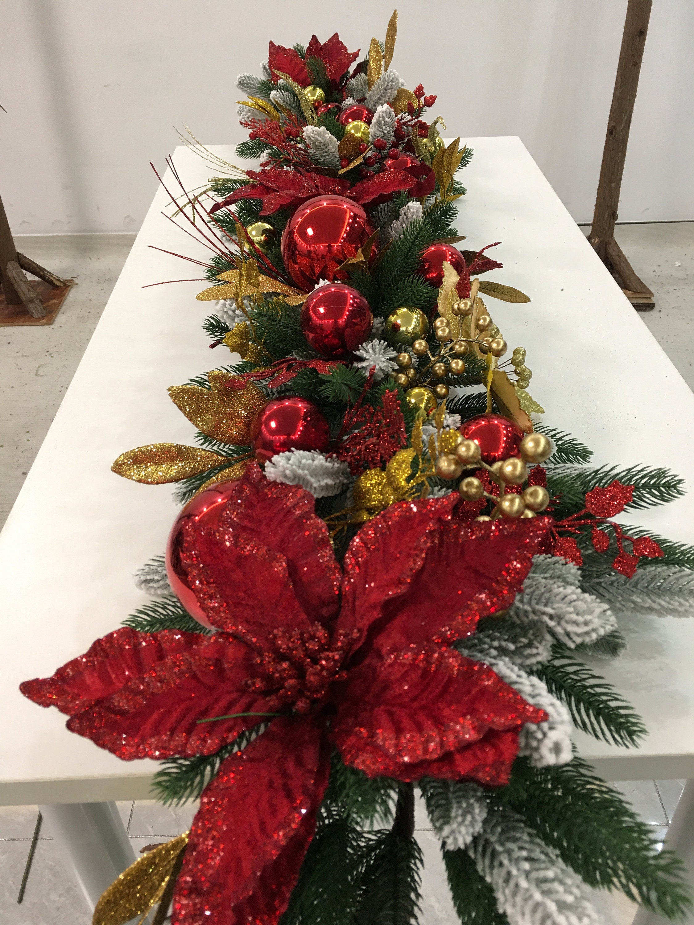 9FT Christmas Pine Garland with Red Poinsettias, Gold Leaves, Holly Berries, and Decor Balls