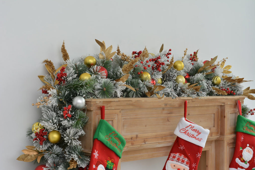 9FT Festive Christmas Garland with Gold, Red, and Green Decorations Holiday Mantel Garland for Fireplace or Doorway