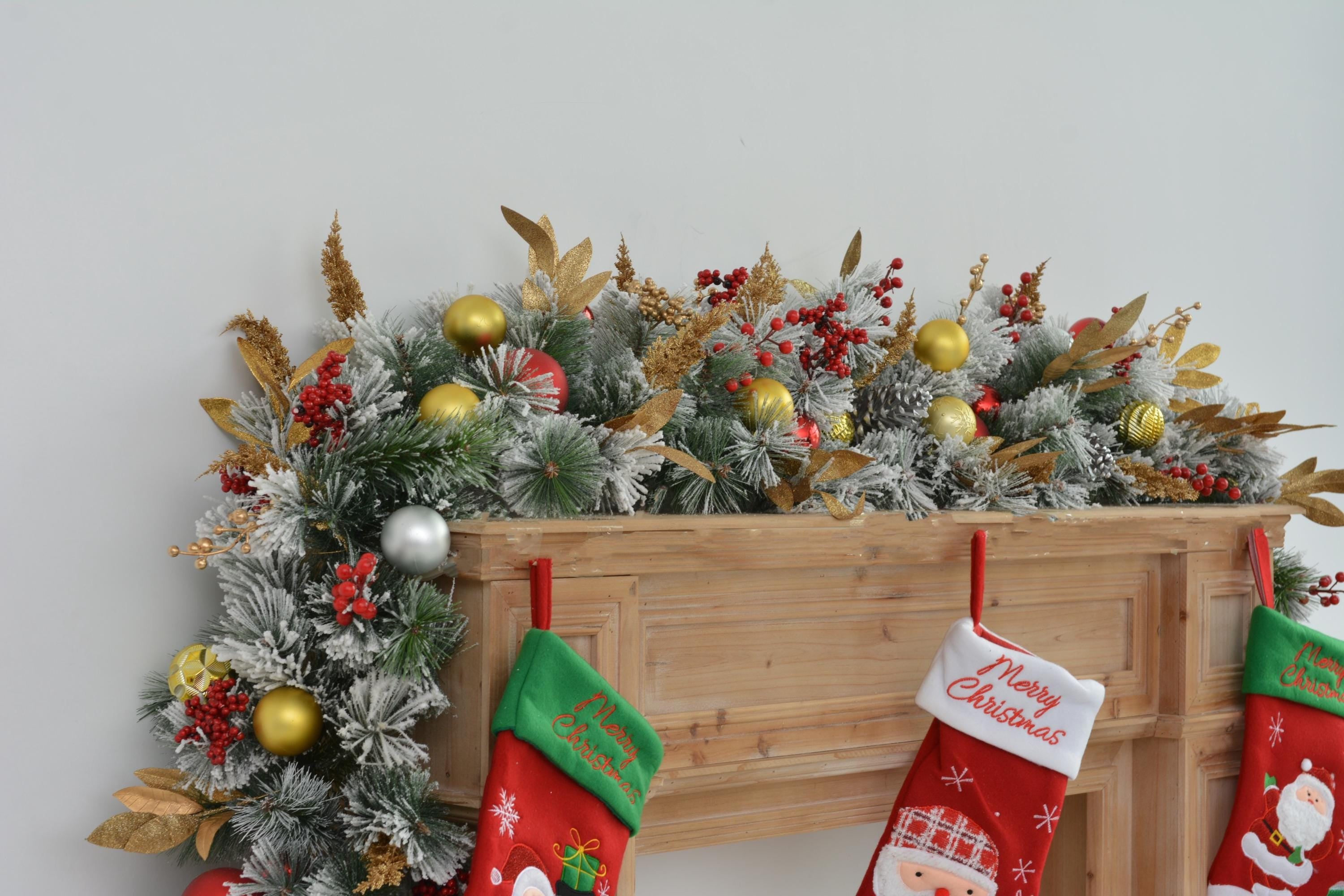 9FT Festive Christmas Garland with Gold, Red, and Green Decorations Holiday Mantel Garland for Fireplace or Doorway