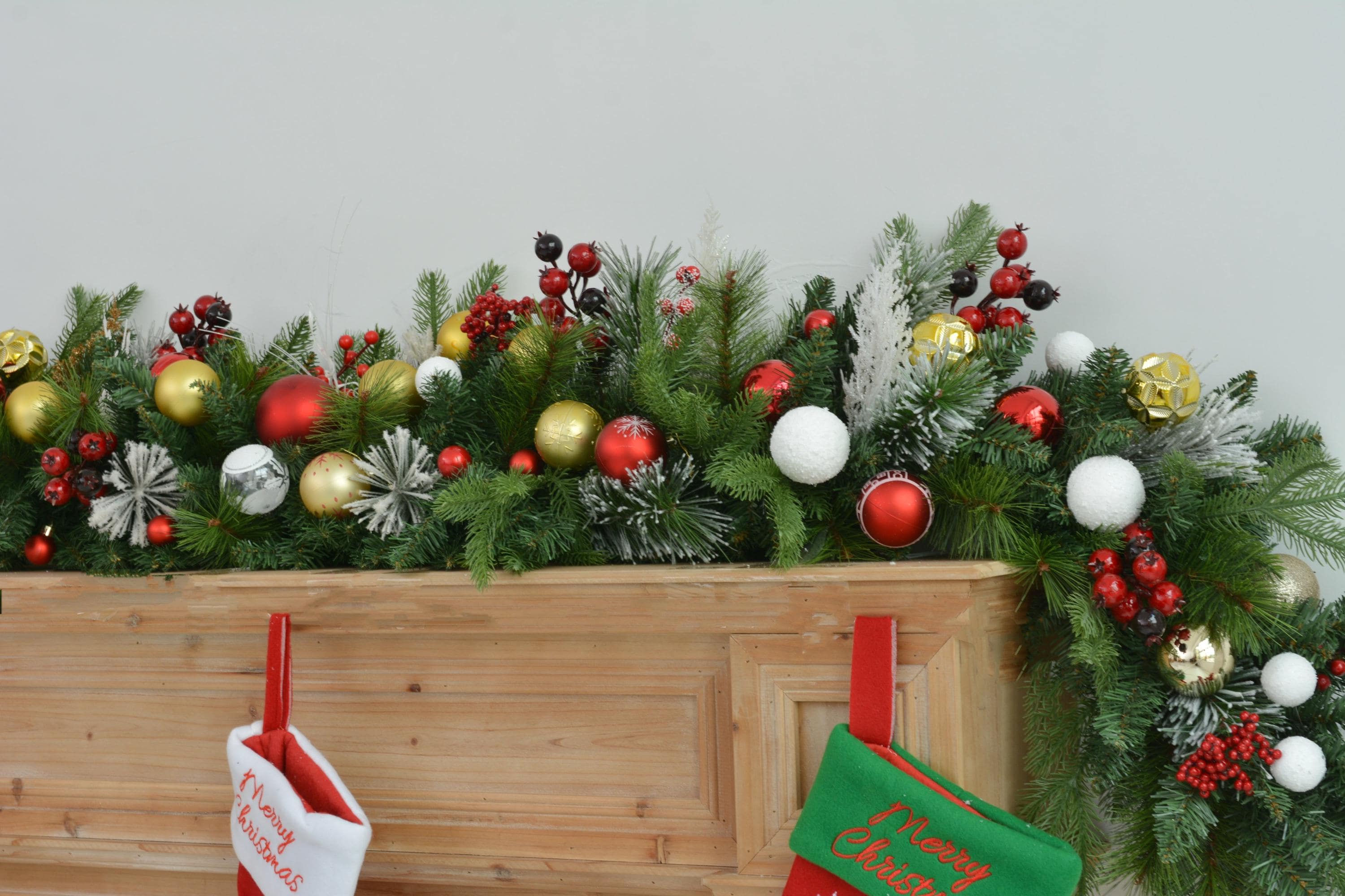 6FT Lush Christmas Mantel Garland with Red, Gold, and White Ornaments  Ideal for Mantel and Holiday Displays
