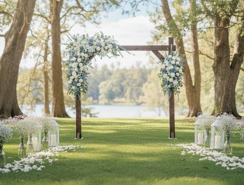 Floral Arch Arrangement for Frame and Event Backdrop Featuring White, Light Blue, and Greenery