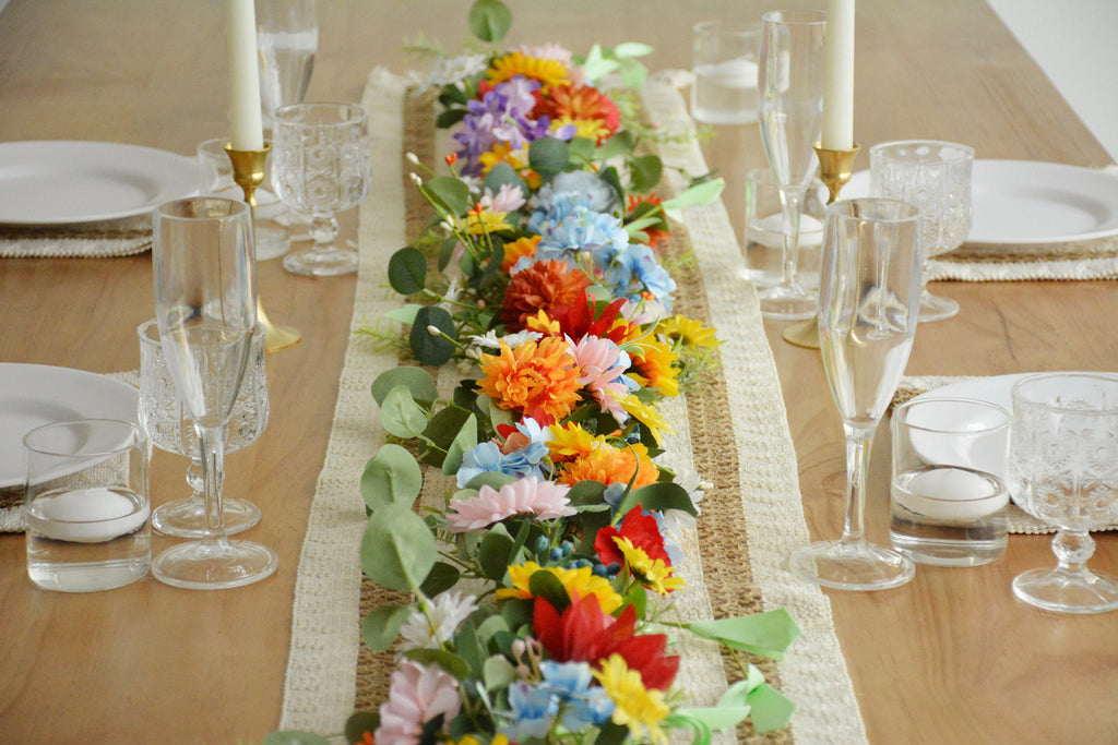 Eucalyptus Garland with Colorful Flowers: Summer Table Runner